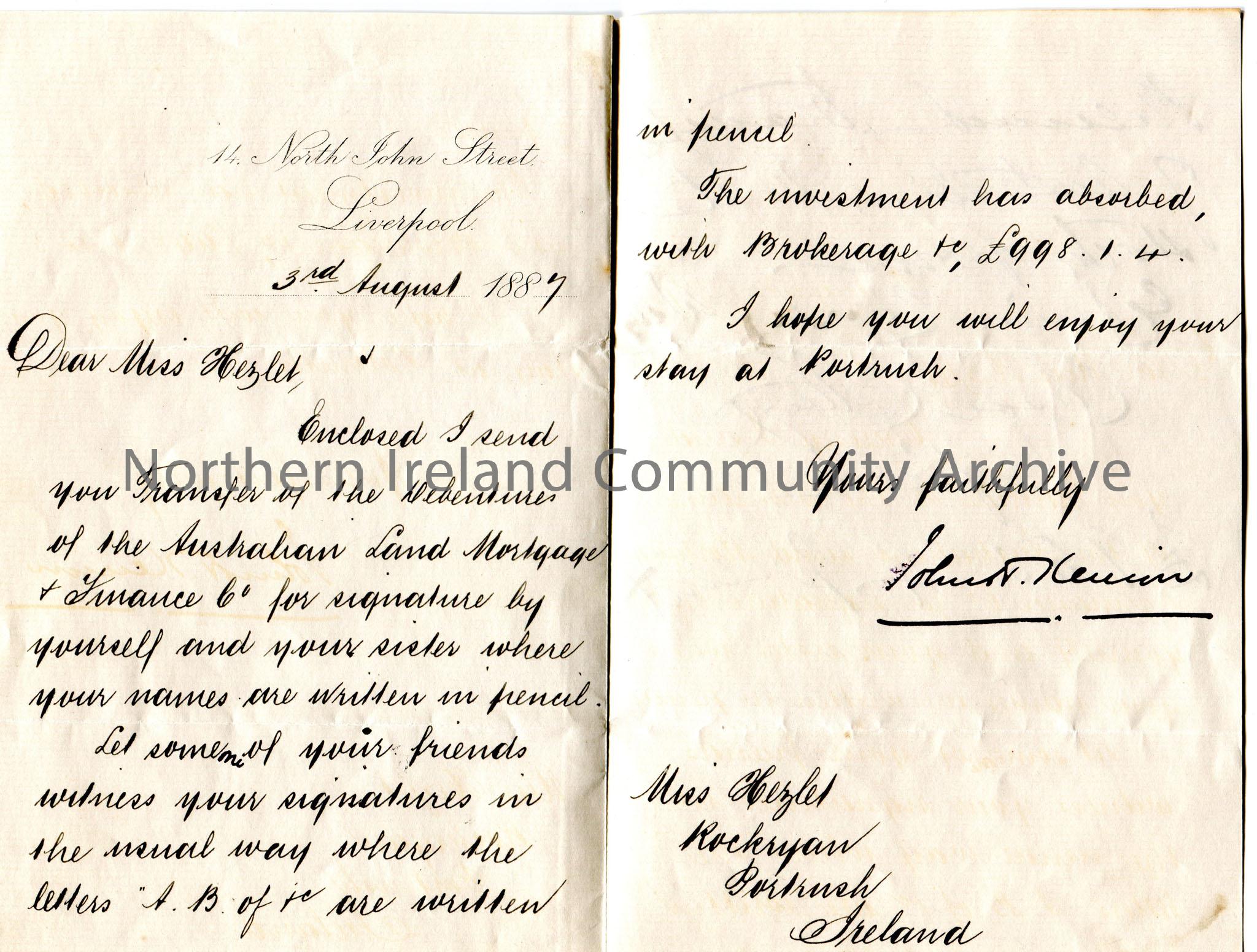 Handwritten letter to Miss Hezlet at Rockryan, Portrush, Ireland. Encloses transfer of the Debentures of the Australian Land Mortgage and Finance Comp…