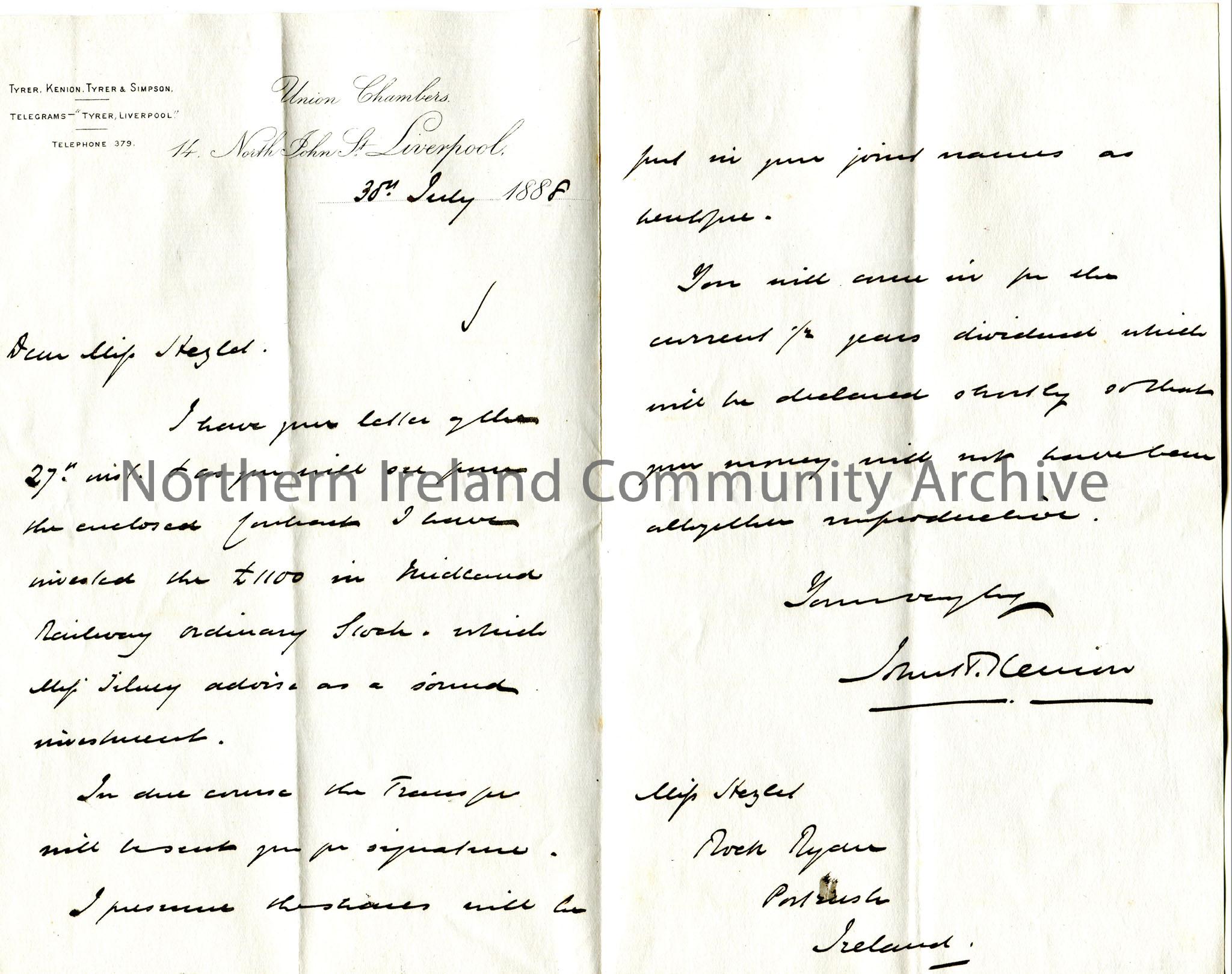 Handwritten letter to Miss Hezlet at Rock Ryan, Portrush, Ireland. Kenion has invested £1100 in Midland Railway Ordinary Stock as instructed by M…