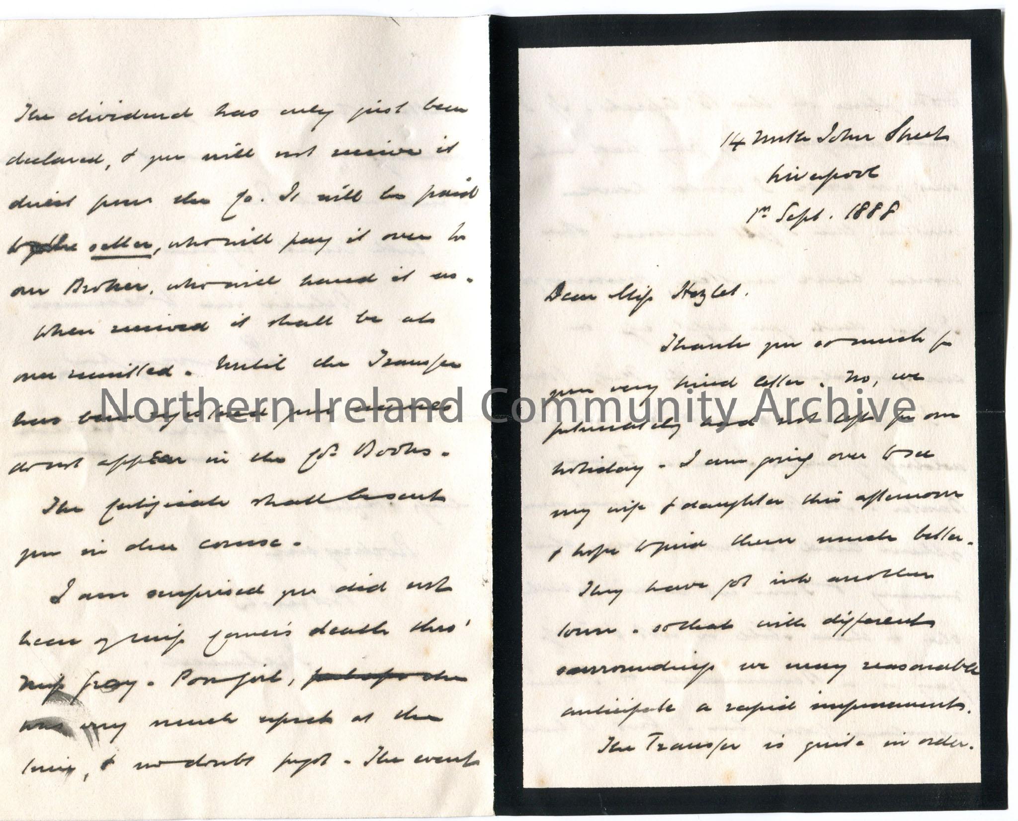 Handwritten letter, outlined in black for mourning, to Miss Hezlet at Rock Ryan, Portrush, Ireland. Kenion’s wife and daughter appear to be unwell. Wr…