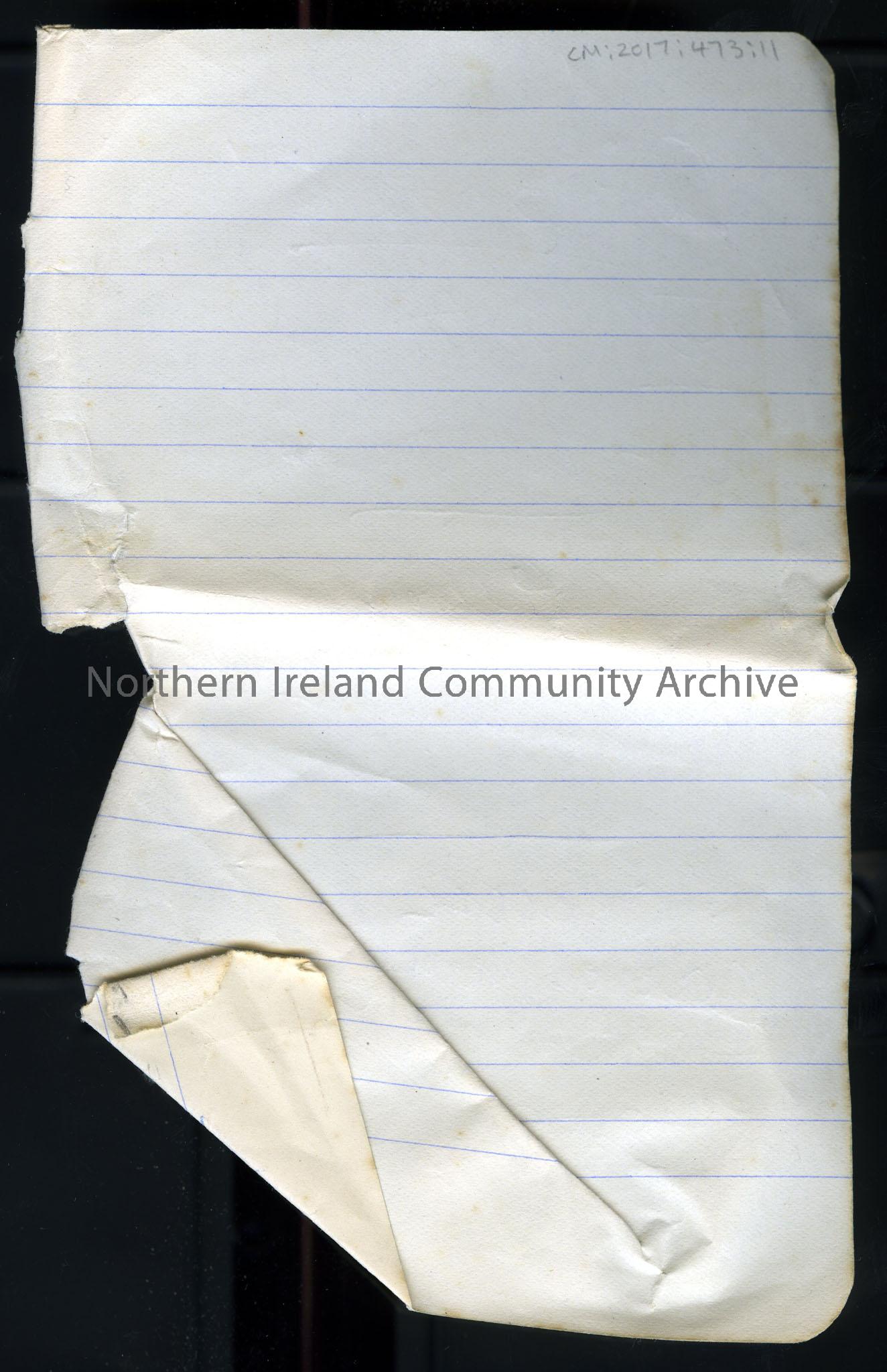 Piece of paper (likely from a notebook) with handwritten notes. Notes read ‘Rice Bequest, Tel Watt…not Macgowan(?)…..McCullough, Ramore St…..McC… – scan441