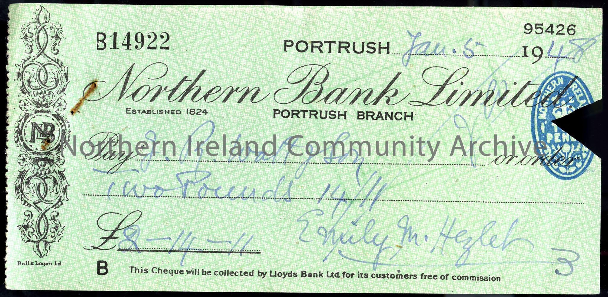 A cheque from ‘Northern Bank Limited’, ‘Portrush’ branch. Cheque no. ‘B14922’. Cheque payable to ‘J.R. Watt and son’ for ‘Two pounds 14/11’. Cheque si…