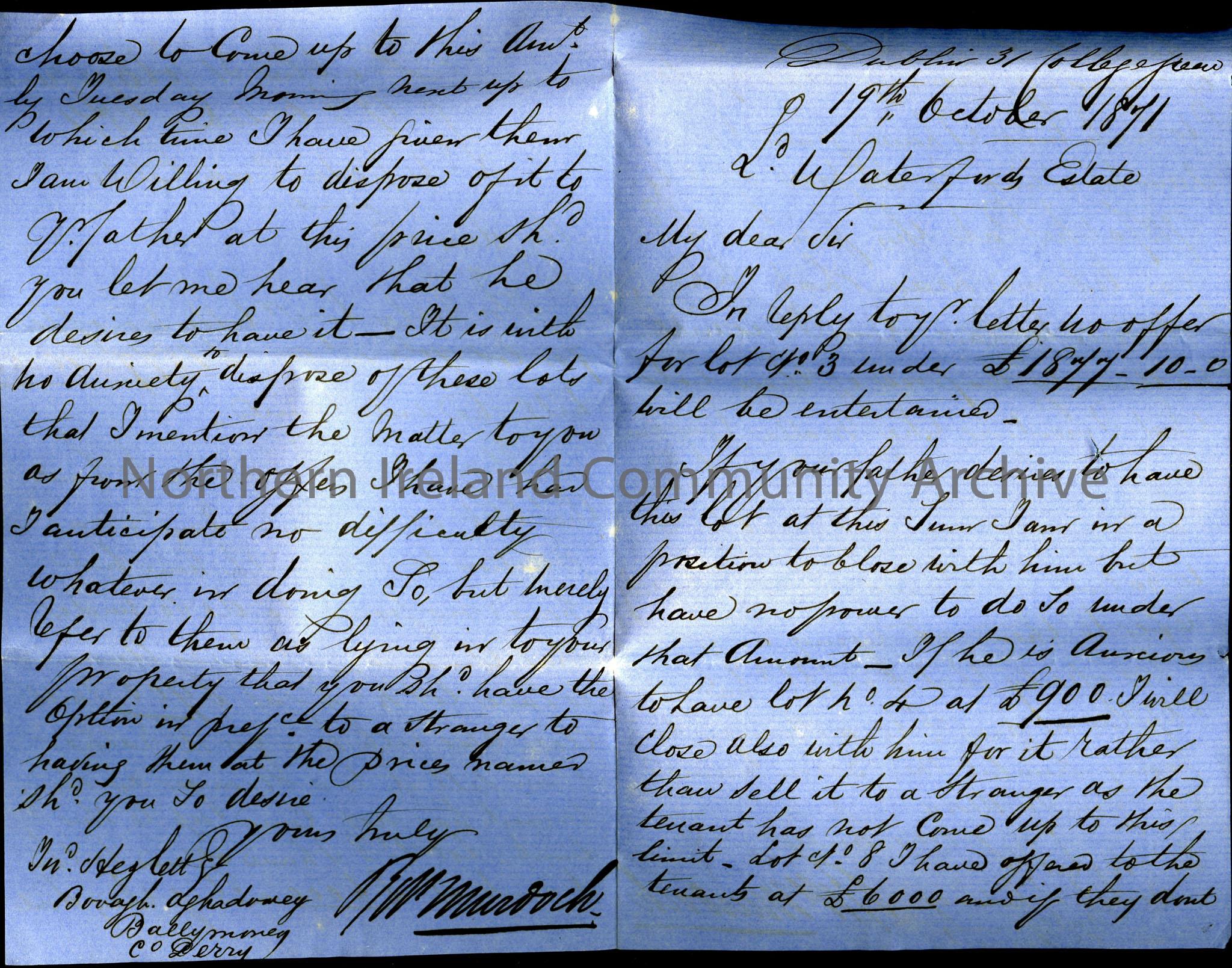 Handwritten letter from a Mr. ‘Murdoch’ (‘Dublin’)to ‘Mr. Hezlet Esq., Bovagh, Aghadowey, Ballymoney, Co.Derry’. Murdoch is giving Hezlet first refusa…