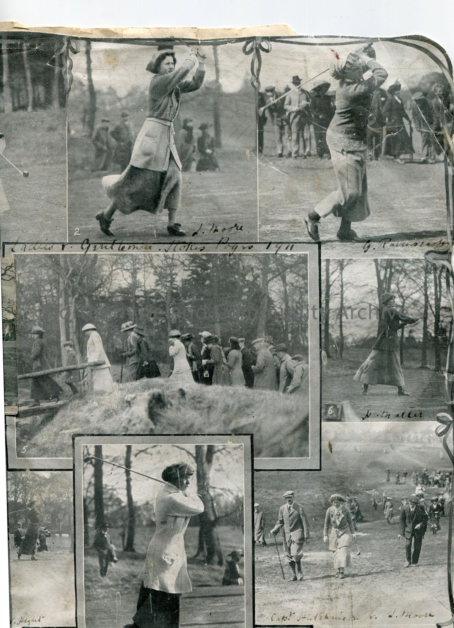 Collage of images cut out from newspaper re golf. ‘Ladies v Gentlemen, Stokes Poges 1911’. Images of women playing golf. images captioned in ink, ‘L. …