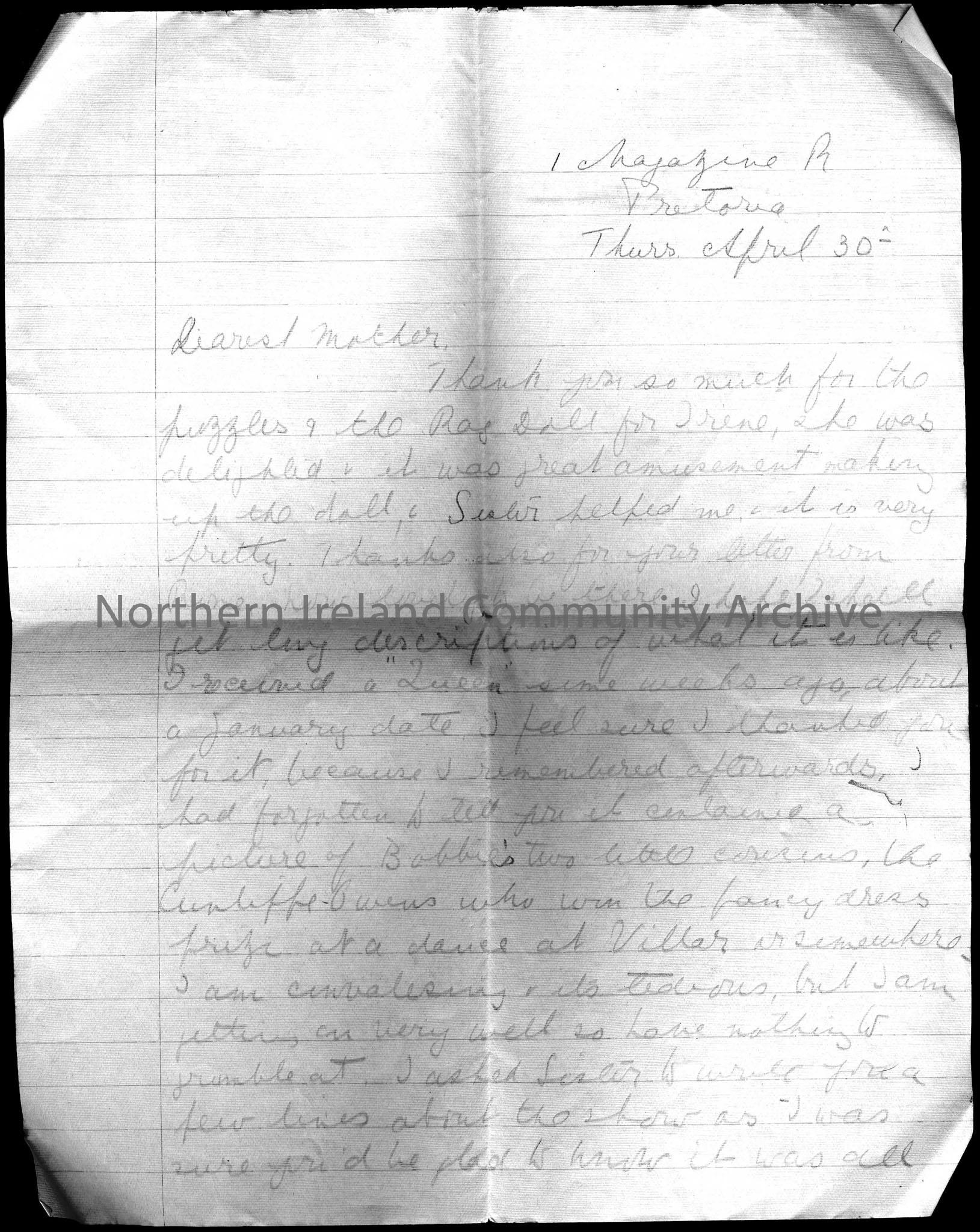letter sent from Mrs Dorothy Arter Hezlet from 1 Magazine Road, Pretoria, dated Thurs April 30th to her mother. She asks how her mother’s time in Rome…
