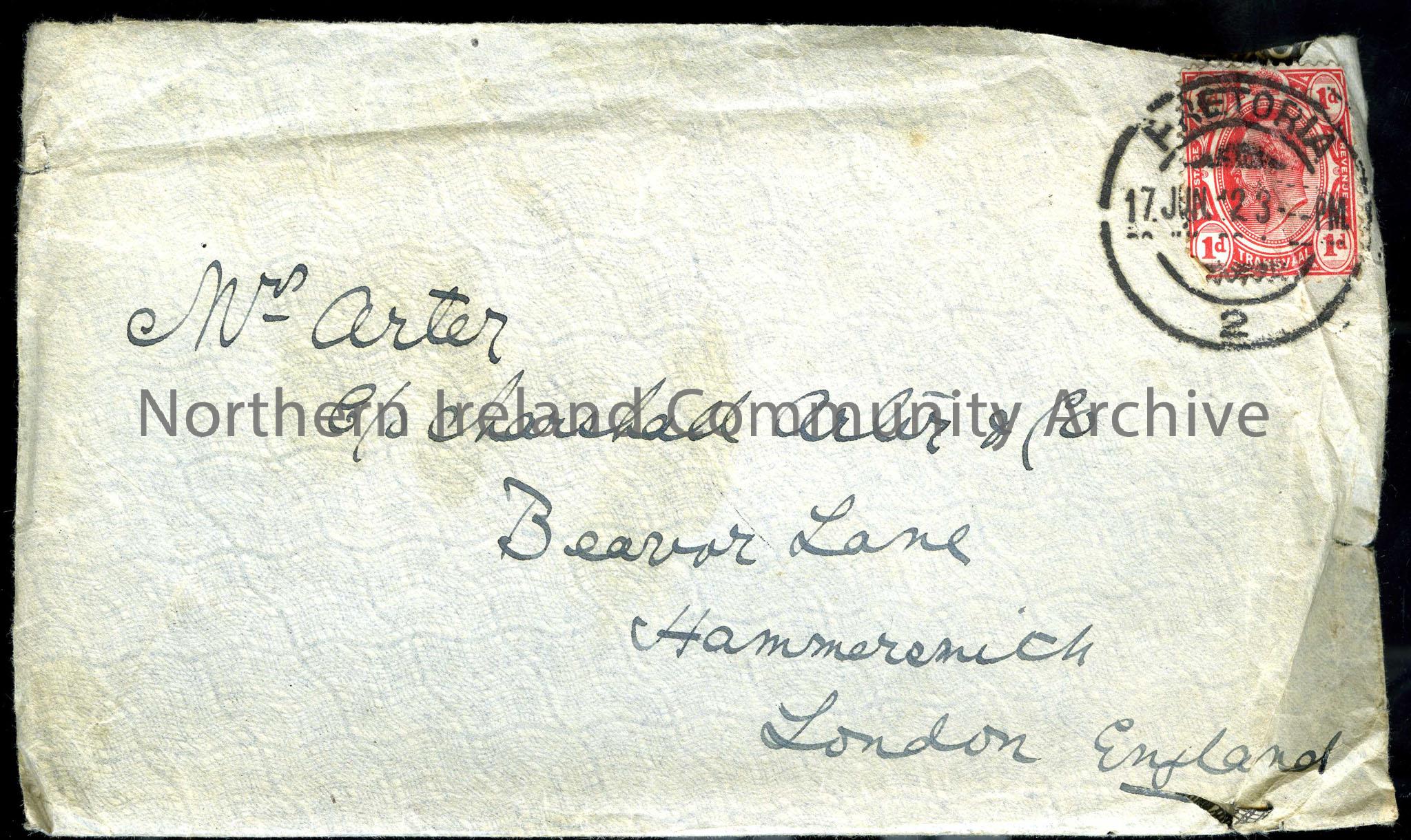 envelope addressed to Mrs Arter c/o Marshall Arter & Co Beavor Lane Hammersmith London England, stamped 17 June 12, Pretoria. Red postage stamp on top…