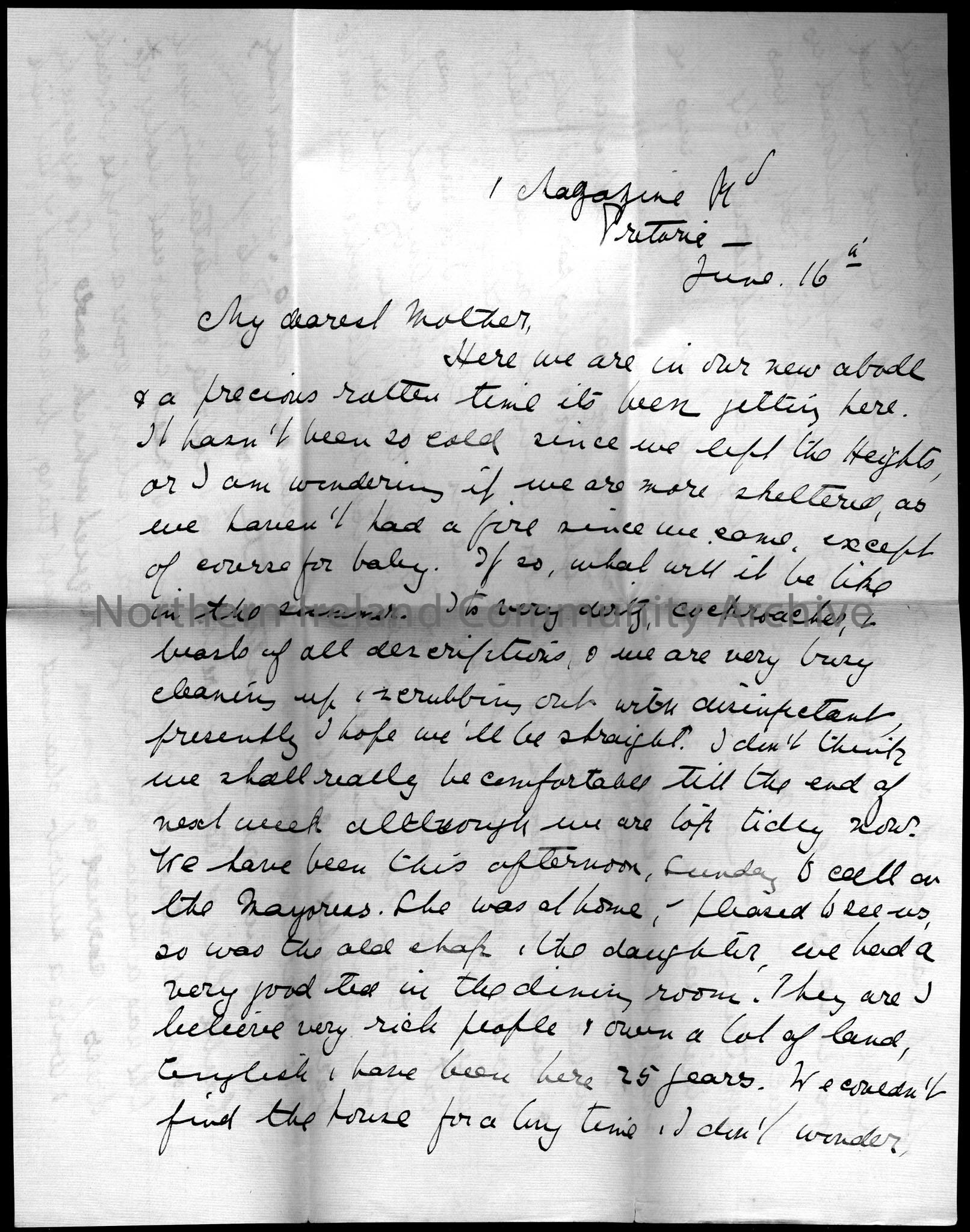 letter from Lady Dorothy Arter Hezlet to her mother from 1 Magazine Road, Pretoria, June 16th. Dorothy has recently moved to Magazine Road, Pretoria f…