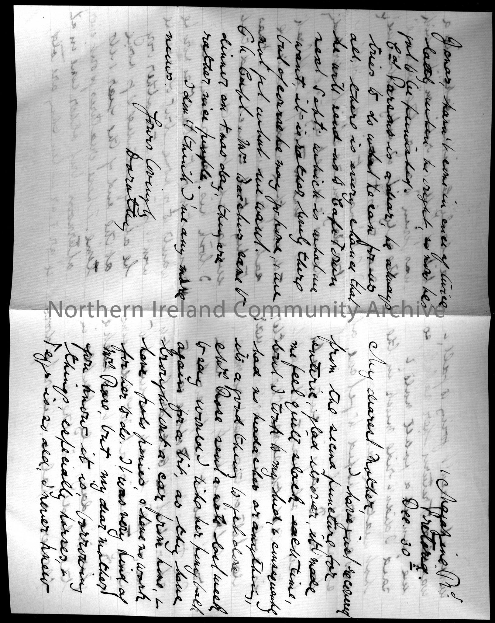 letter from Lady Dorothy Arter Hezlet to her mother from 1 Magazine Road, Pretoria, Dec 30. She writes how she and Bobbie, her husband, went to Church…