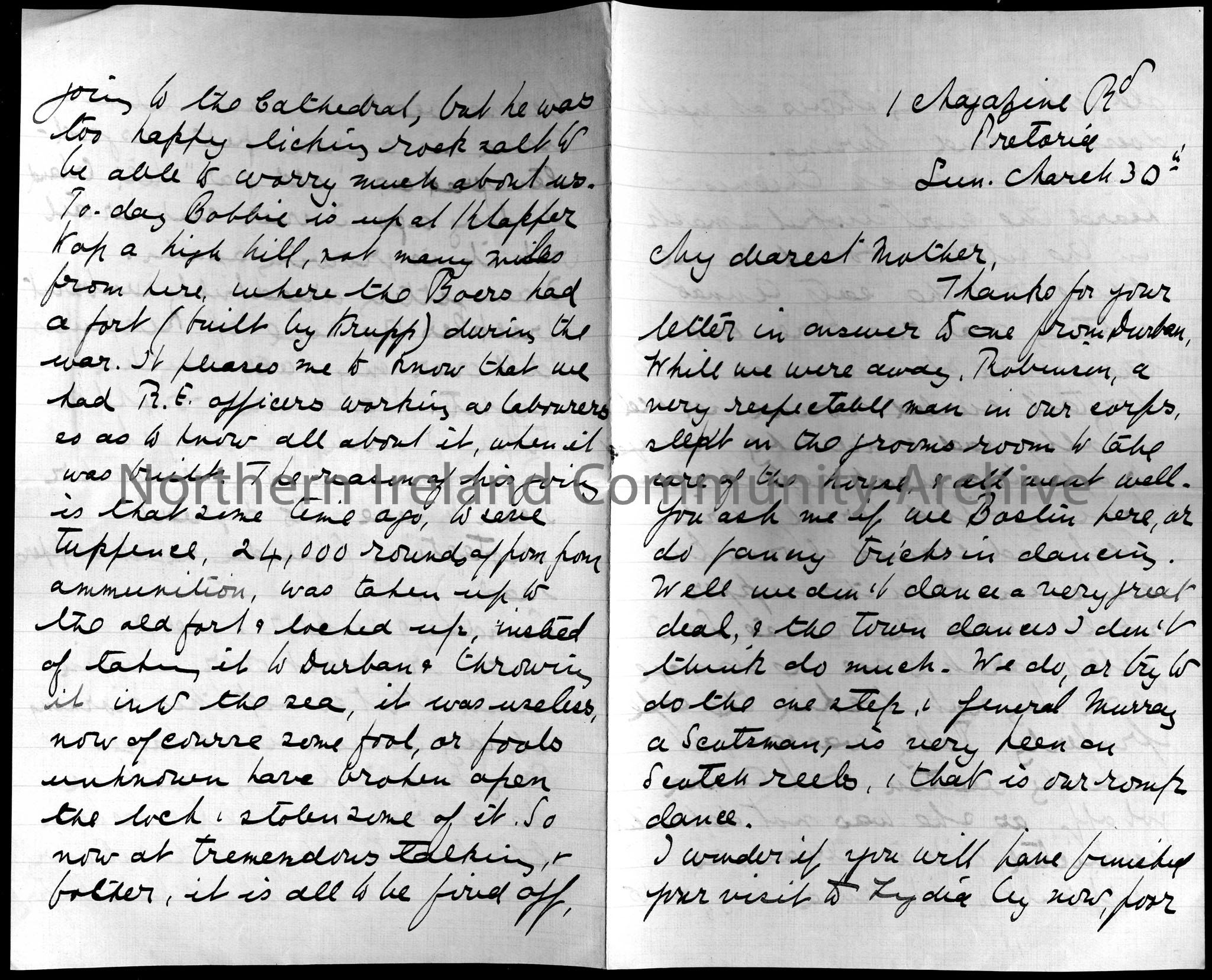 letter from Dorothy Arter Hezlet to her mother from 1 Magazine Road, Pretoria. Dated Sunday March 30th. Dorothy writes that she was in Durban, South A…
