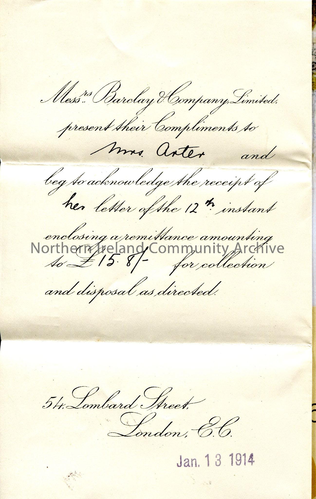 Printed receipt in form of letter, with handwritten inserts – acknowledgement of receipt of £15 8/-