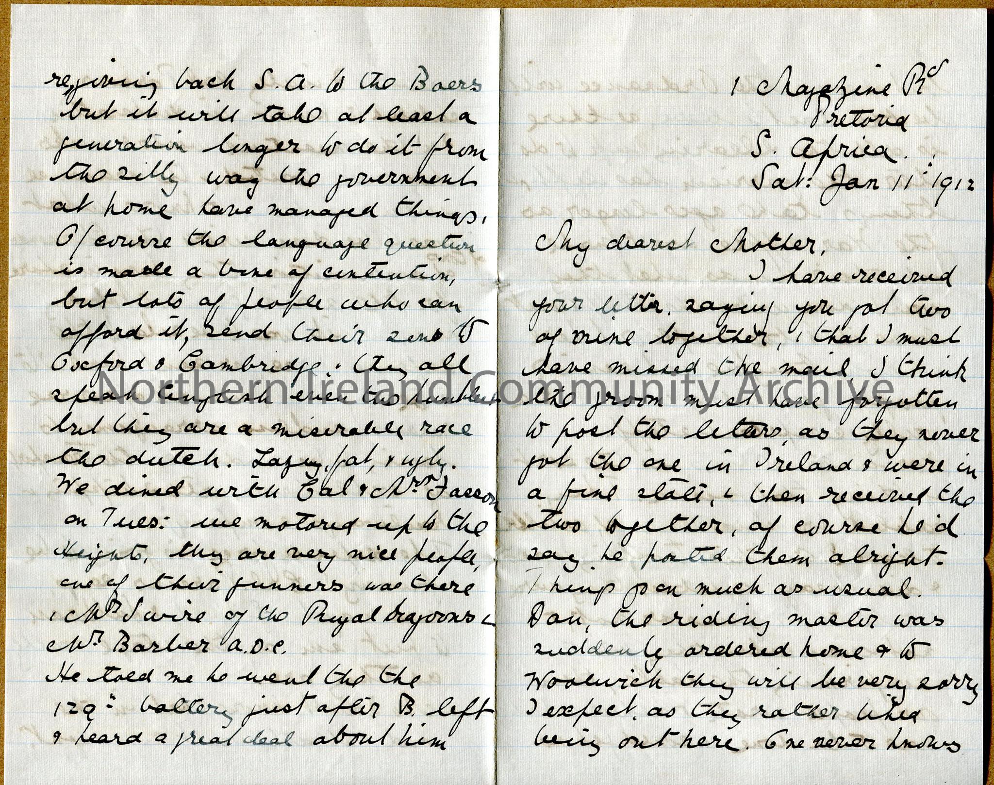 One of 2 double pages of handwritten letter from Dorothy to her mother. Discusses problems with garrison and ammunition transfer/storage, entertainmen…