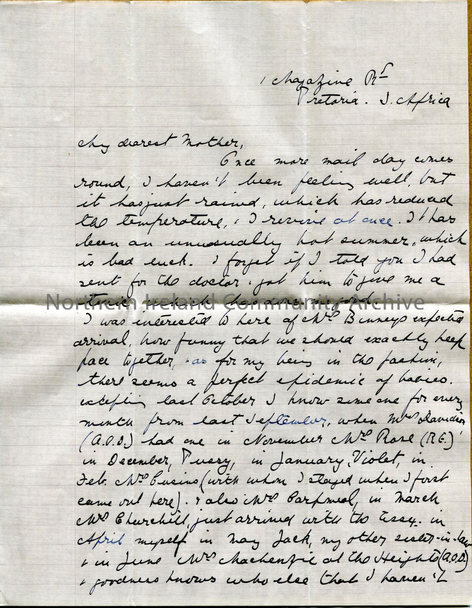 One of 2 pages of handwritten letter from Dorothy to her mother. Mentions a strike – possibly the Ghandi led movement in South Africa which came to a …