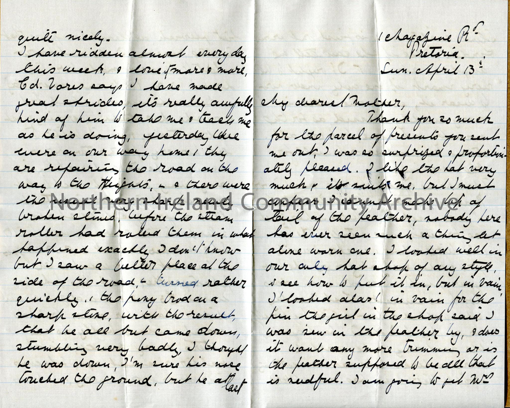One of 3 double pages (1 white/lined, 2 blue/unlined) of handwritten letter from Dorothy to her mother. Her mother has sent a feather but she is unsur…