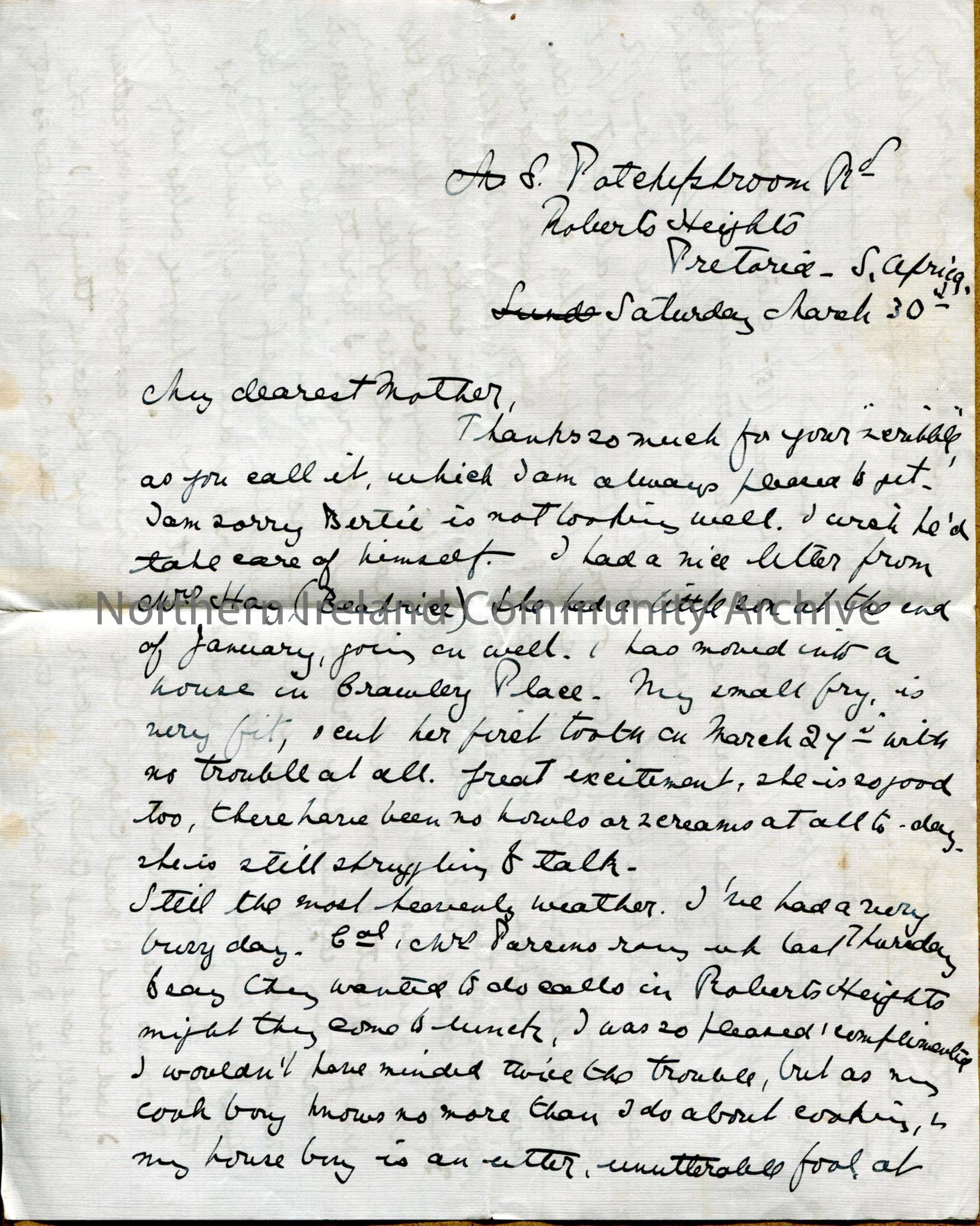 One of 3 pages of handwritten letter from Dorothy to her mother, written on both sides of first 2 pages. Measles outbreak brought in by Somalis; Irene…