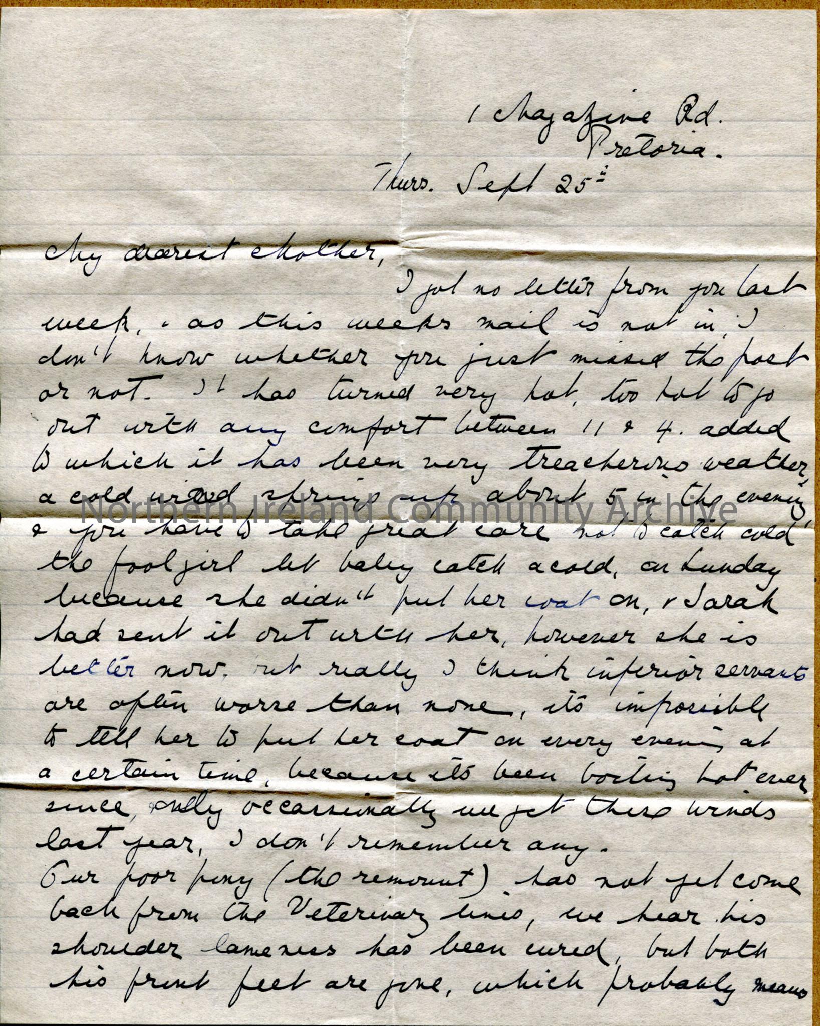 One of 2 pages of handwritten letter from Dorothy to her mother. Servant trouble, weather, rants about millions being given in pensions to “dirty drun…