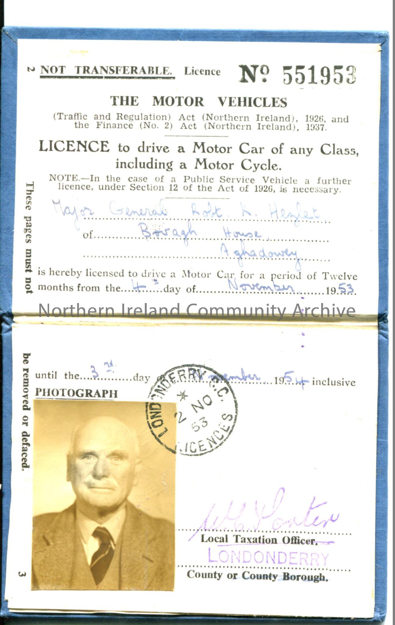 Driving licence of R K Hezlet, issued for 1 year at a time, starting 1953