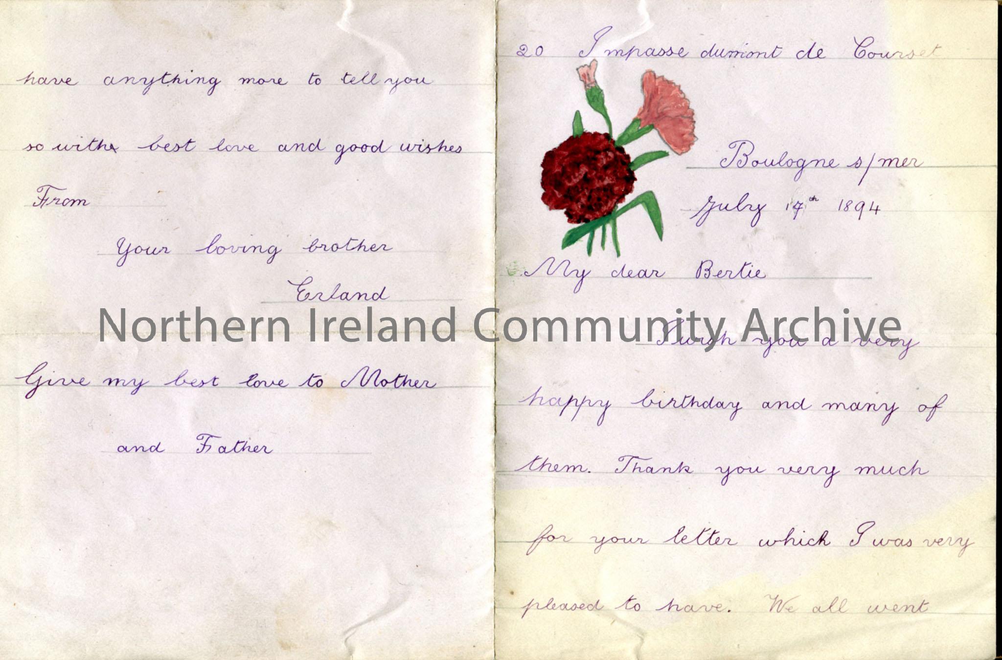 Letter from Erland to Bertie, wishing him happy birthday. Small hand drawn and coloured flower top left. Erland is in France and can swim across swimm…