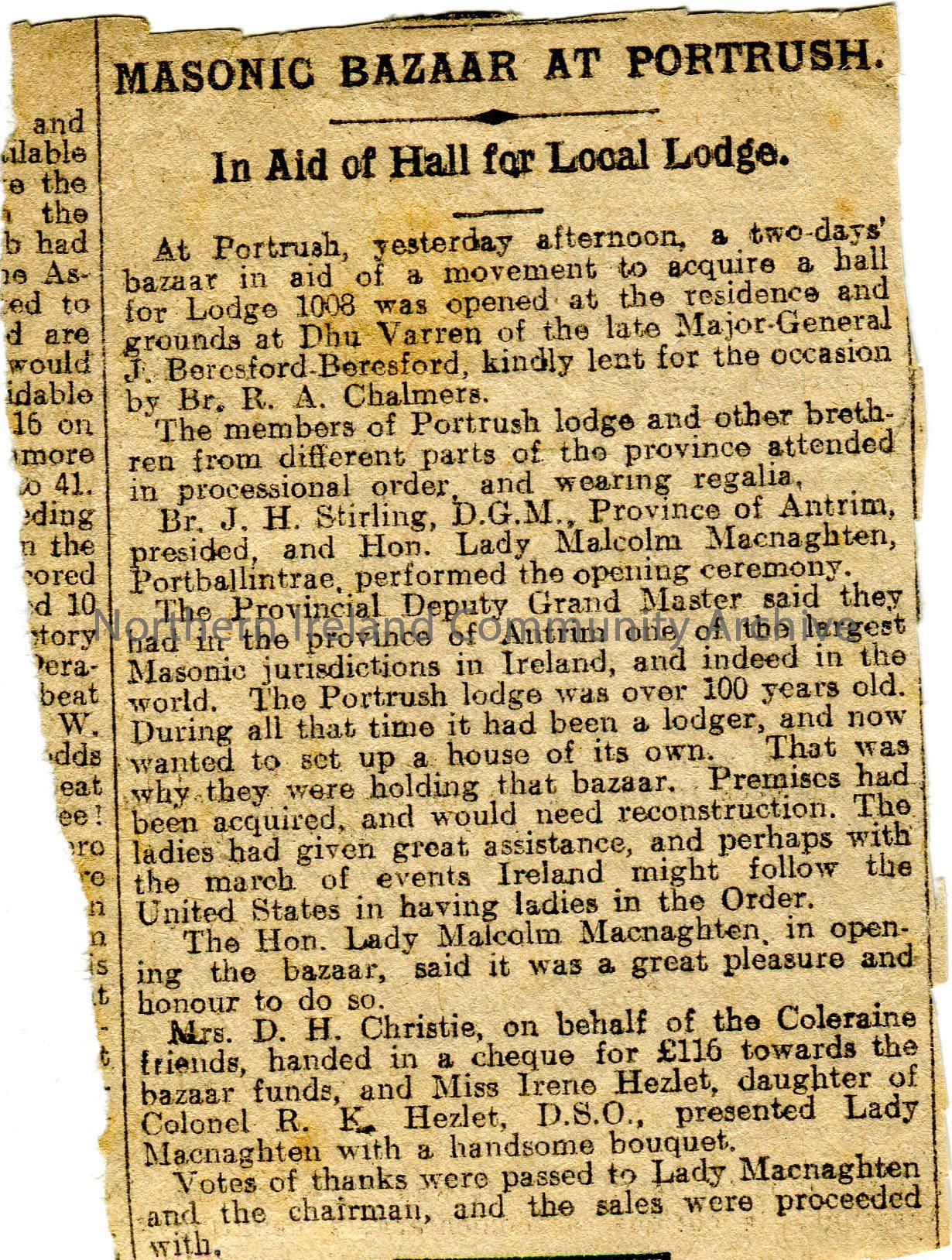 Undated newspaper article entitled Masonic Bazaar at Portrush. In aid of Orange Lodge 1008, opened by Lady Malcolm Macnaghten, who was presented with …