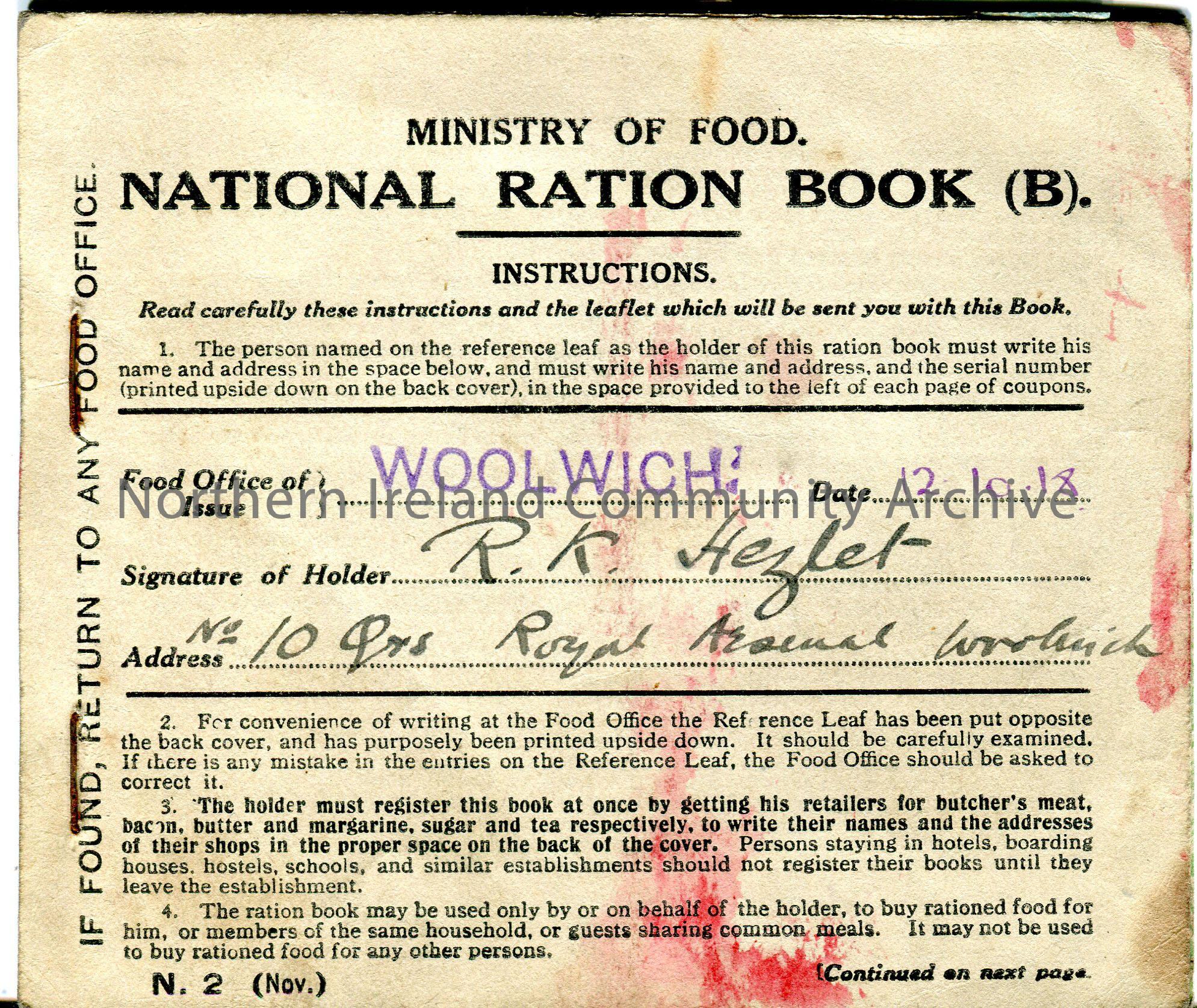 Ministry of Food National Ration book of Robert K Hezlet during WWI