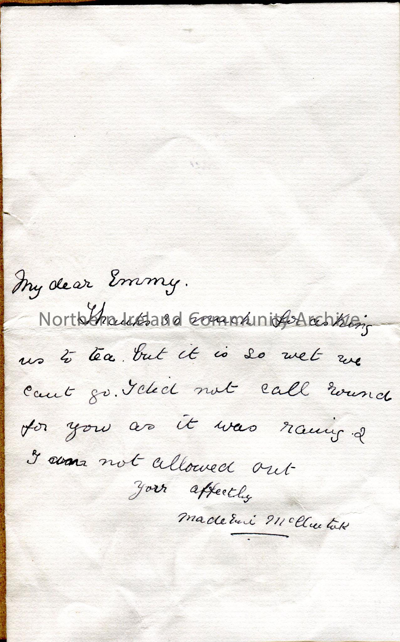 Folded double page of handwritten letter in ink, with stamped address at heading. Addressed to ‘Dear Emmy’. Short note on one side only – was not able…