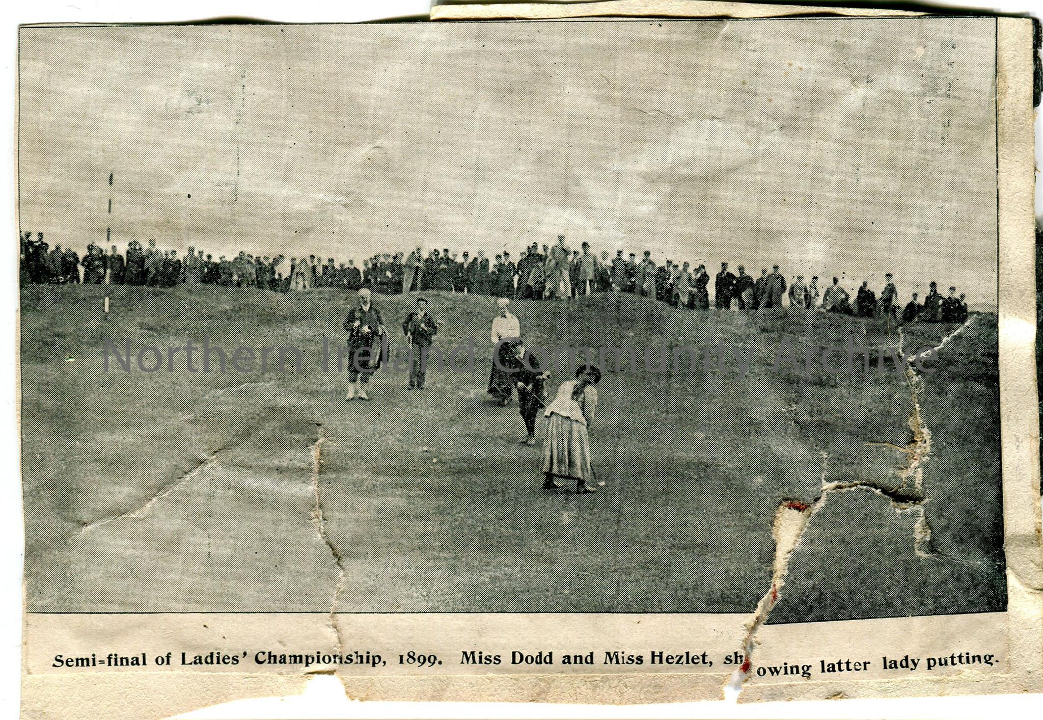 Photograph cut from larger paper page, showing Violet Hezlet putting during semi-final of Ladies Championship in 1899 – does not state name of champio…
