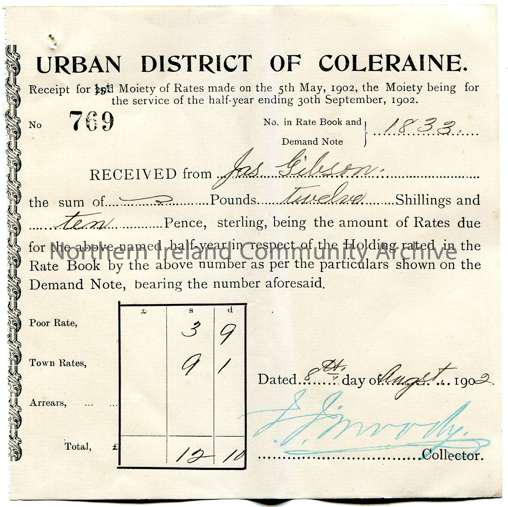 Printed and handwritten receipt for half year rates ending 30th September, 1902 for a property. Receipt no. 769. Issued by Urban District of Coleraine…