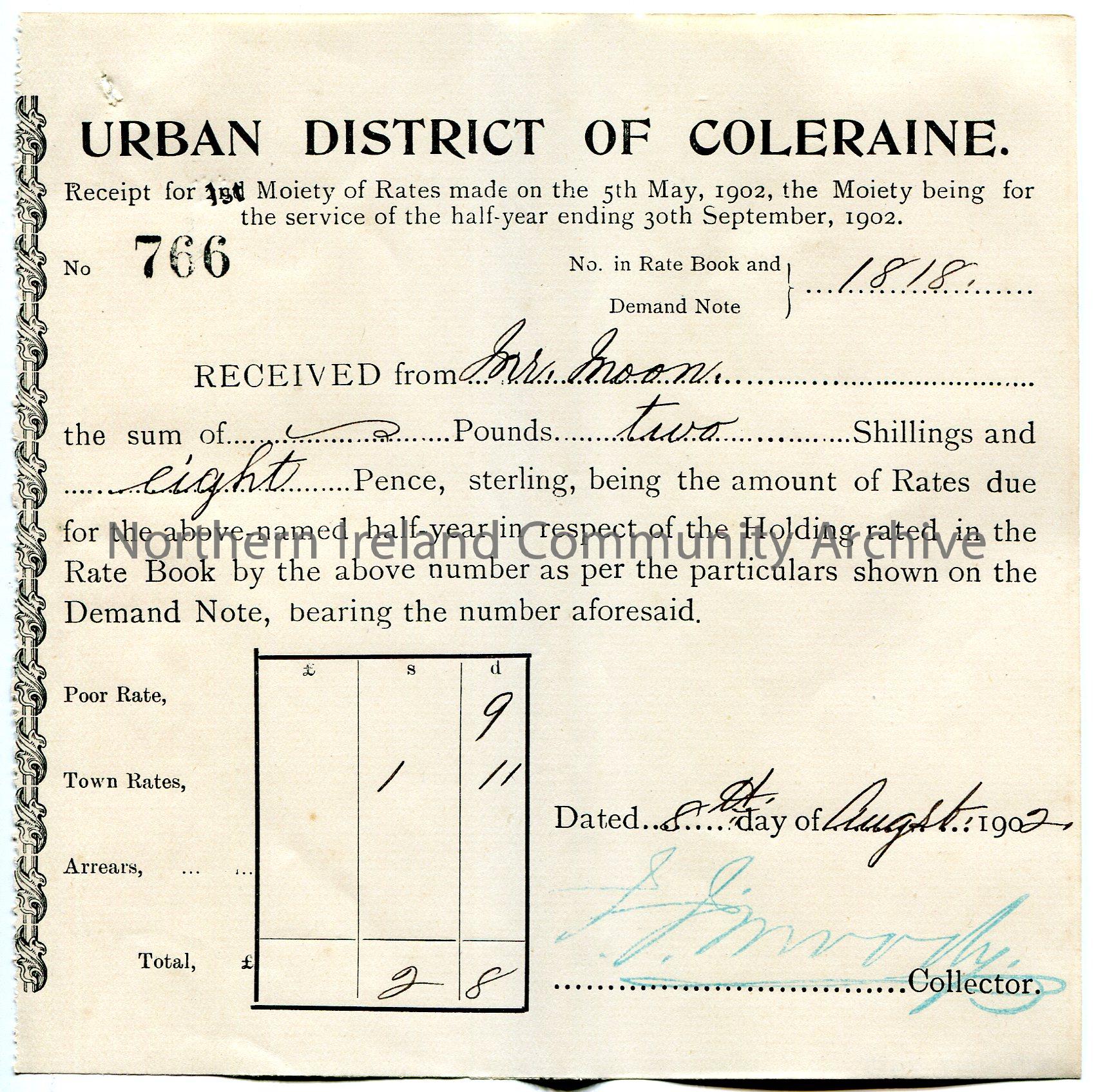 Printed and handwritten receipt for half year rates ending 30th September, 1902 for a property. Receipt no. 766. Issued by Urban District of Coleraine…