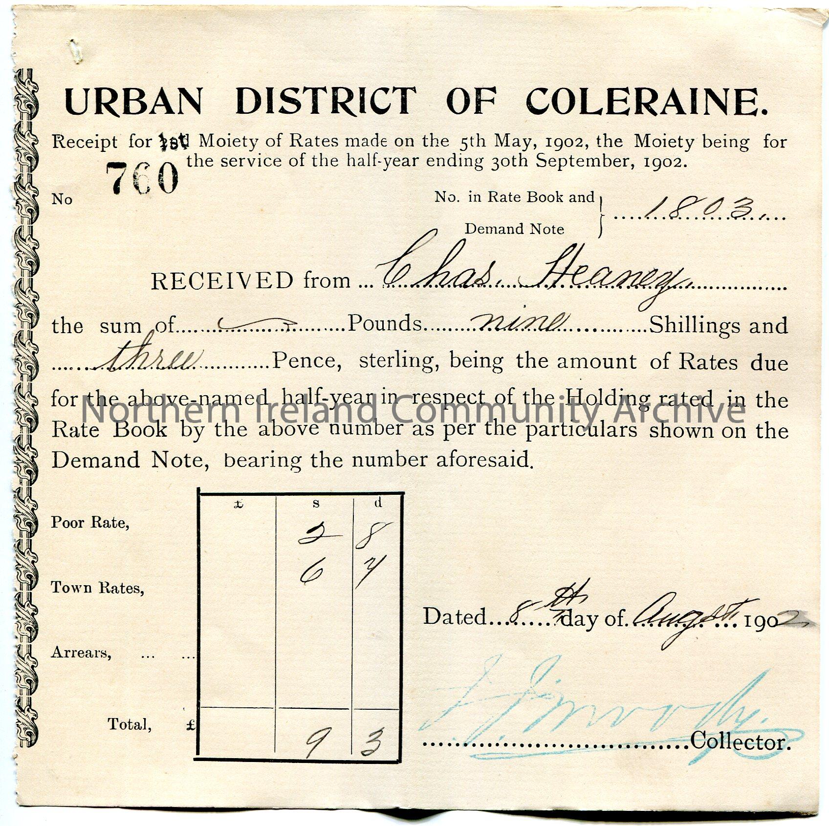 Printed and handwritten receipt for half year rates ending 30th September, 1902 for a property. Receipt no. 760. Issued by Urban District of Coleraine…