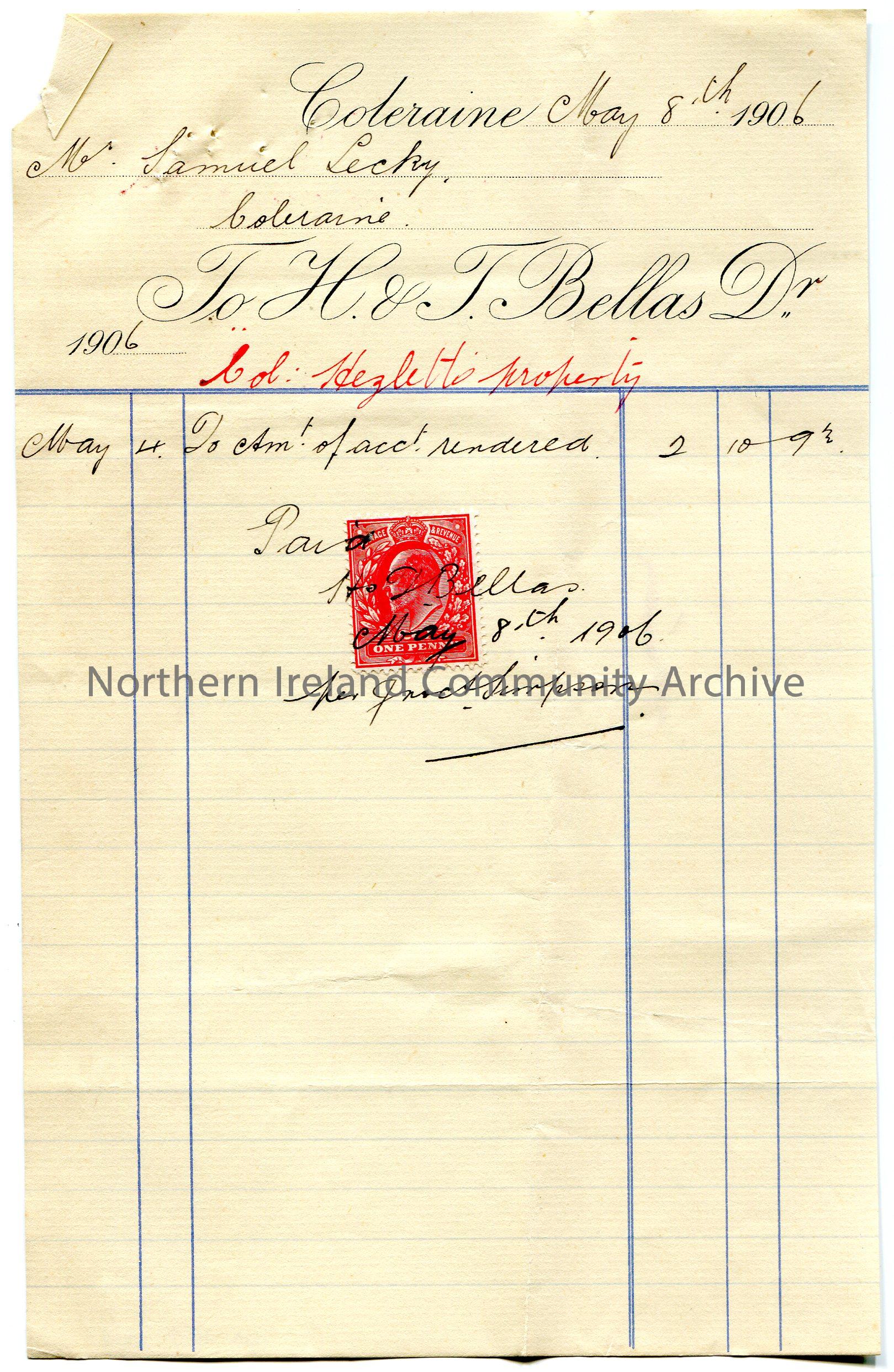 Handwritten invoice by H & T Bellas for 4th May 1906 for the sum of £2. ...