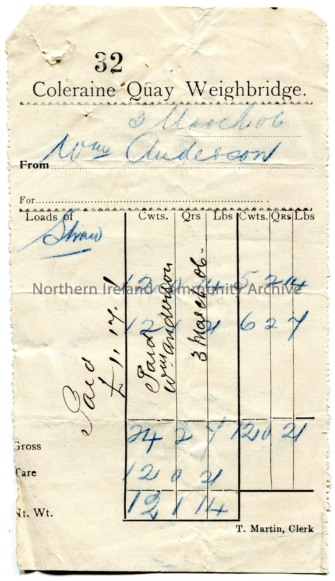 Handwritten receipt, no. 32, for straw weighing 12 cwts 1 qrs 14lbs from Coleraine Quay Weighbridge. Receipt from Wm [William] Anderson. £11.17.1…