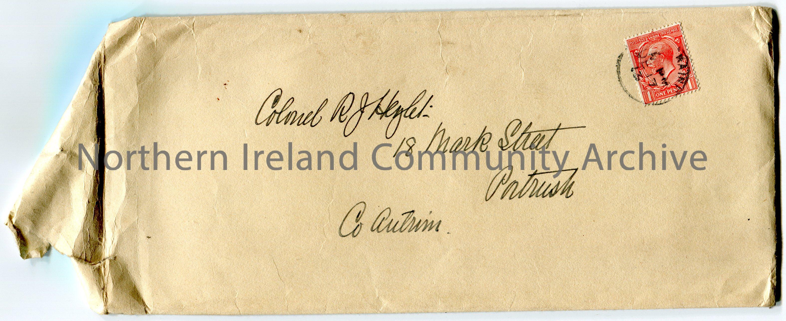 Handwritten envelope addressed to colonel R J Hezlet, 18 Mark Street, Portrush, Co. Antrim. Red one penny King George V postage stamp top right corner…