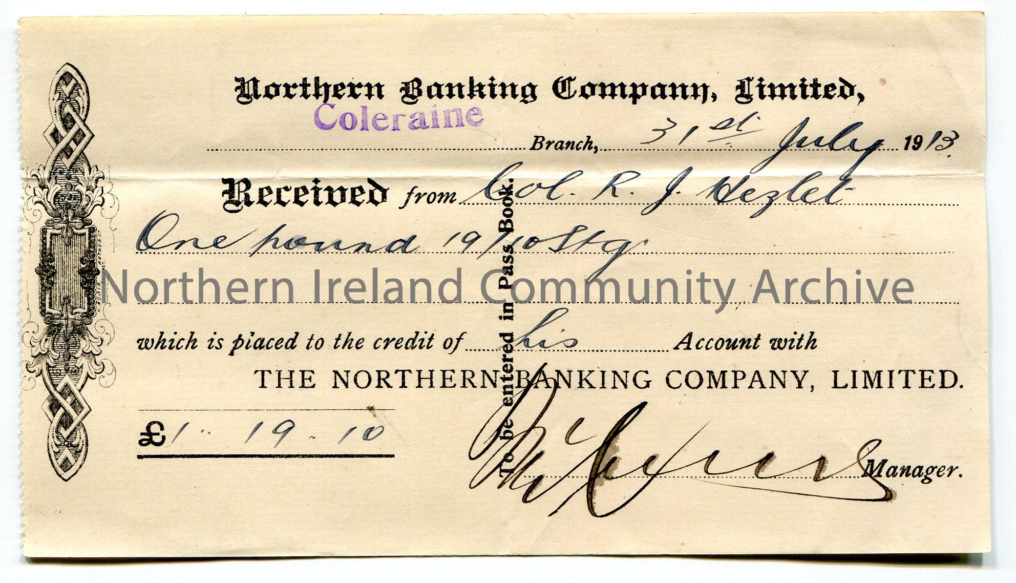 Handwritten receipt from the Northern Banking Company, Limited, Coleraine branch for credit of £1.19.10 into the bank account of Col. R. J. Hezle…