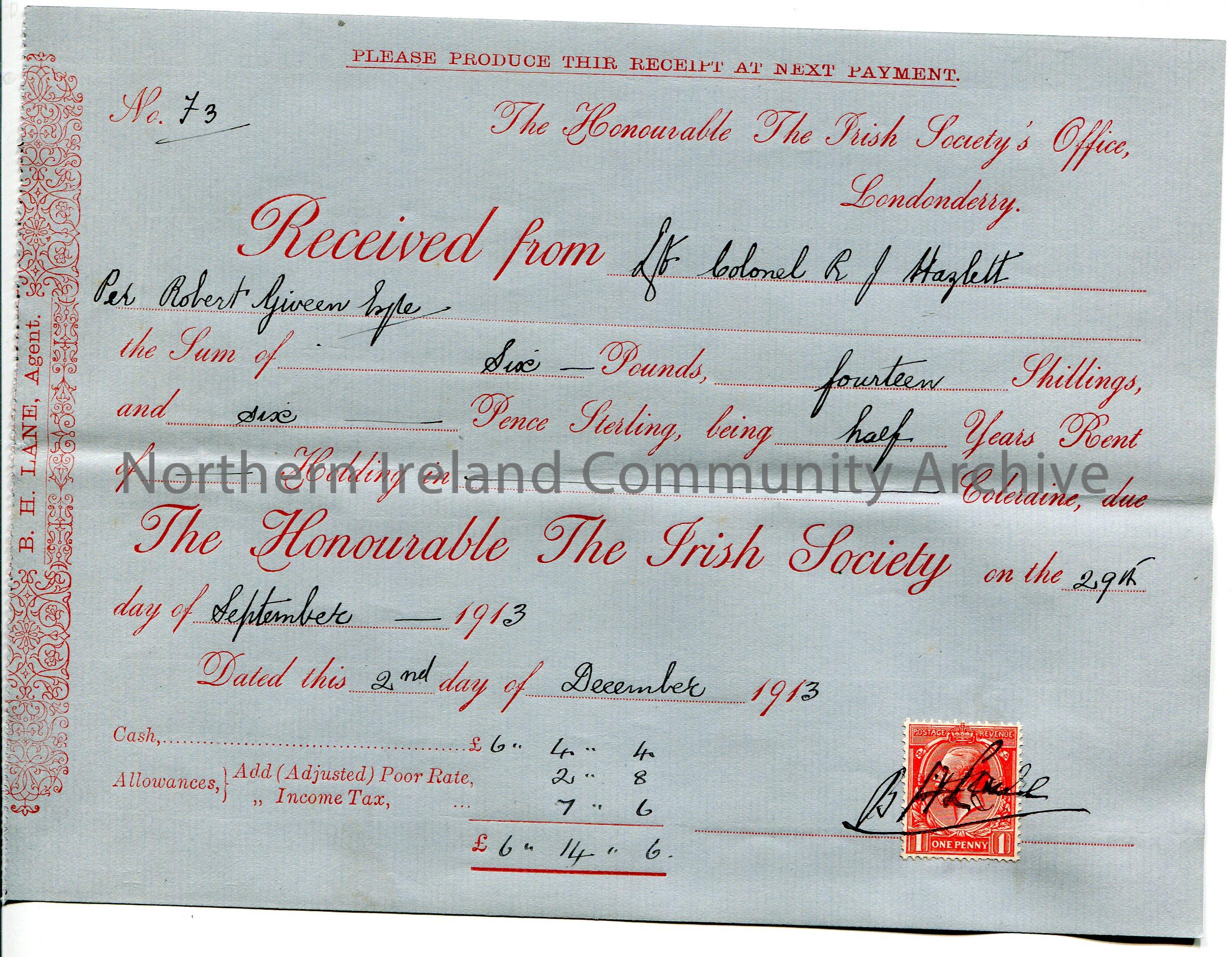 Handwritten receipt (blue paper) no. 3 for payment received from Colonel R J Hazlett [Hezlet] per Robert Giveen to The Honourable The Irish Society fo…