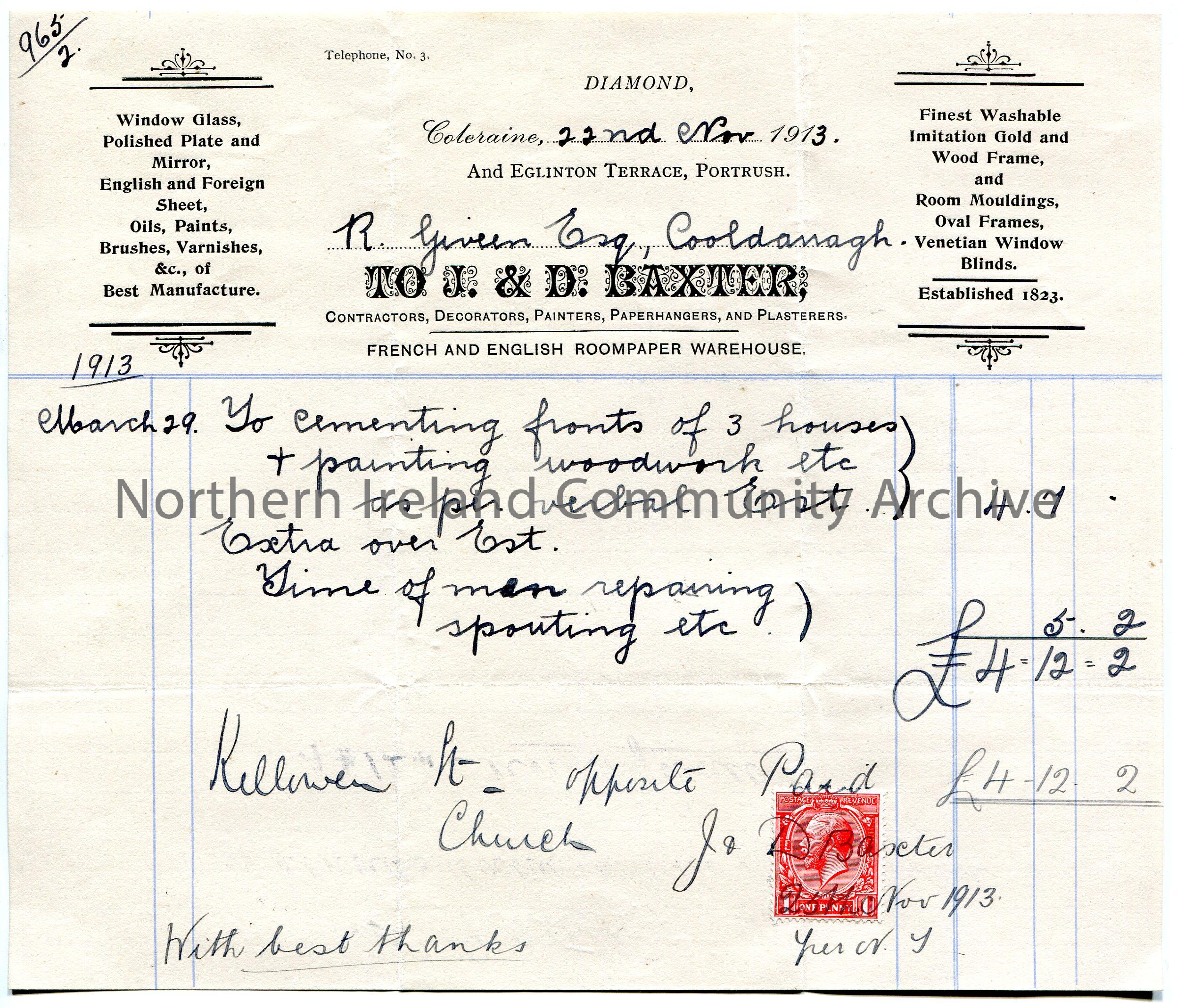 Handwritten receipt for payment received from R [Robert] Giveen Esq, Cooldanagh to J & D Baxter, Diamond, Coleraine and Eglinton Terrace, Portrush. Pa…