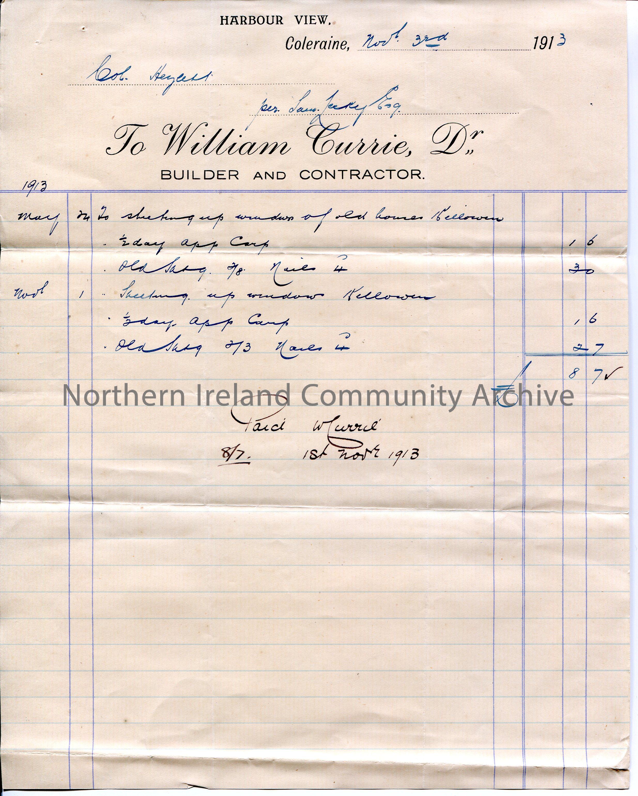 Handwritten receipt for payment received from Col. Hezlett [Hezlet] per Sam Lecky, esq to William Currie, builder and contractor. Receipt dated 3rd No…