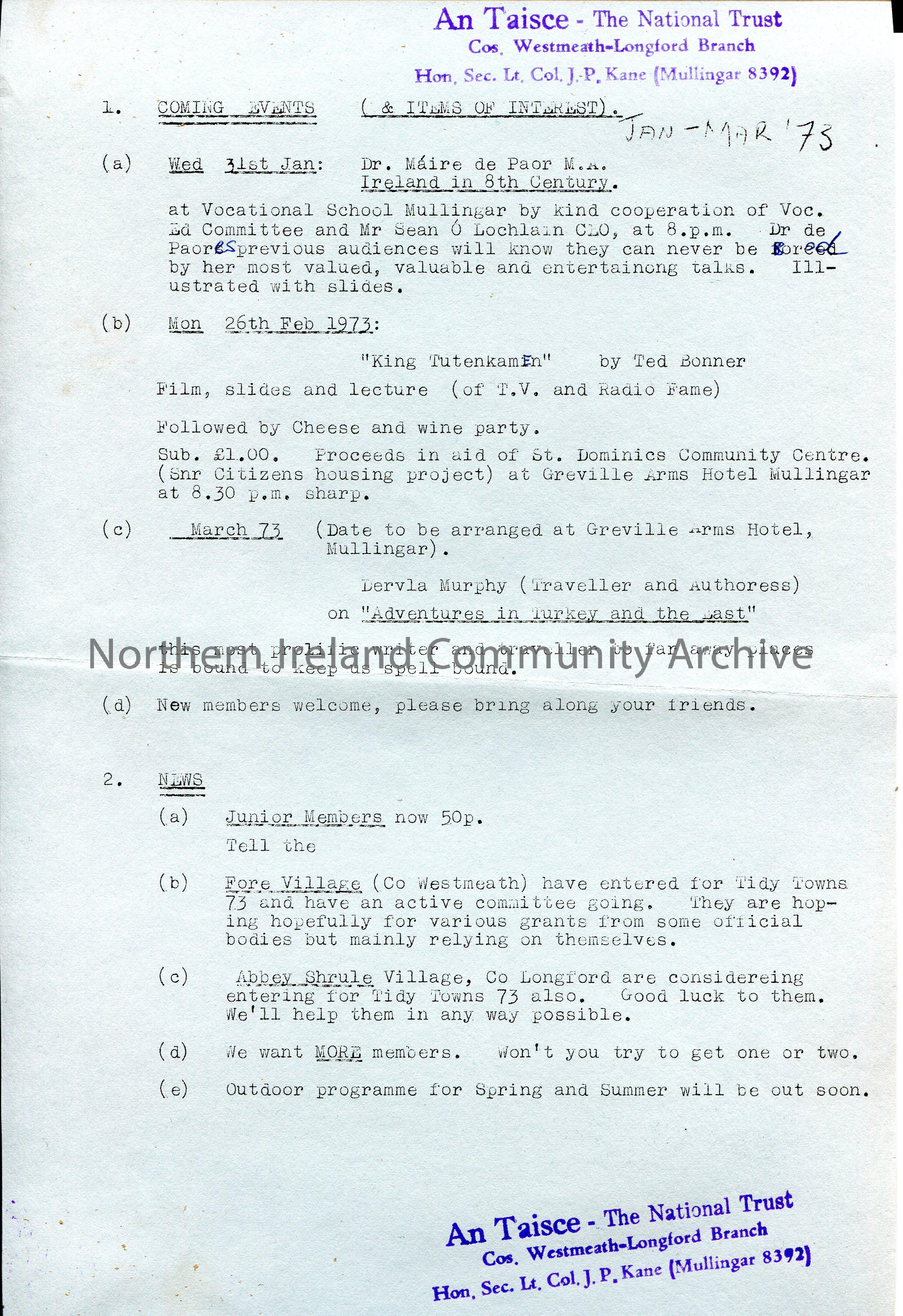 Photocopy (on blue paper) of a typed list of events January – March 1973 and news items of ‘An Taisce – The National Trust’. ‘An Taisce’ stamp at top …