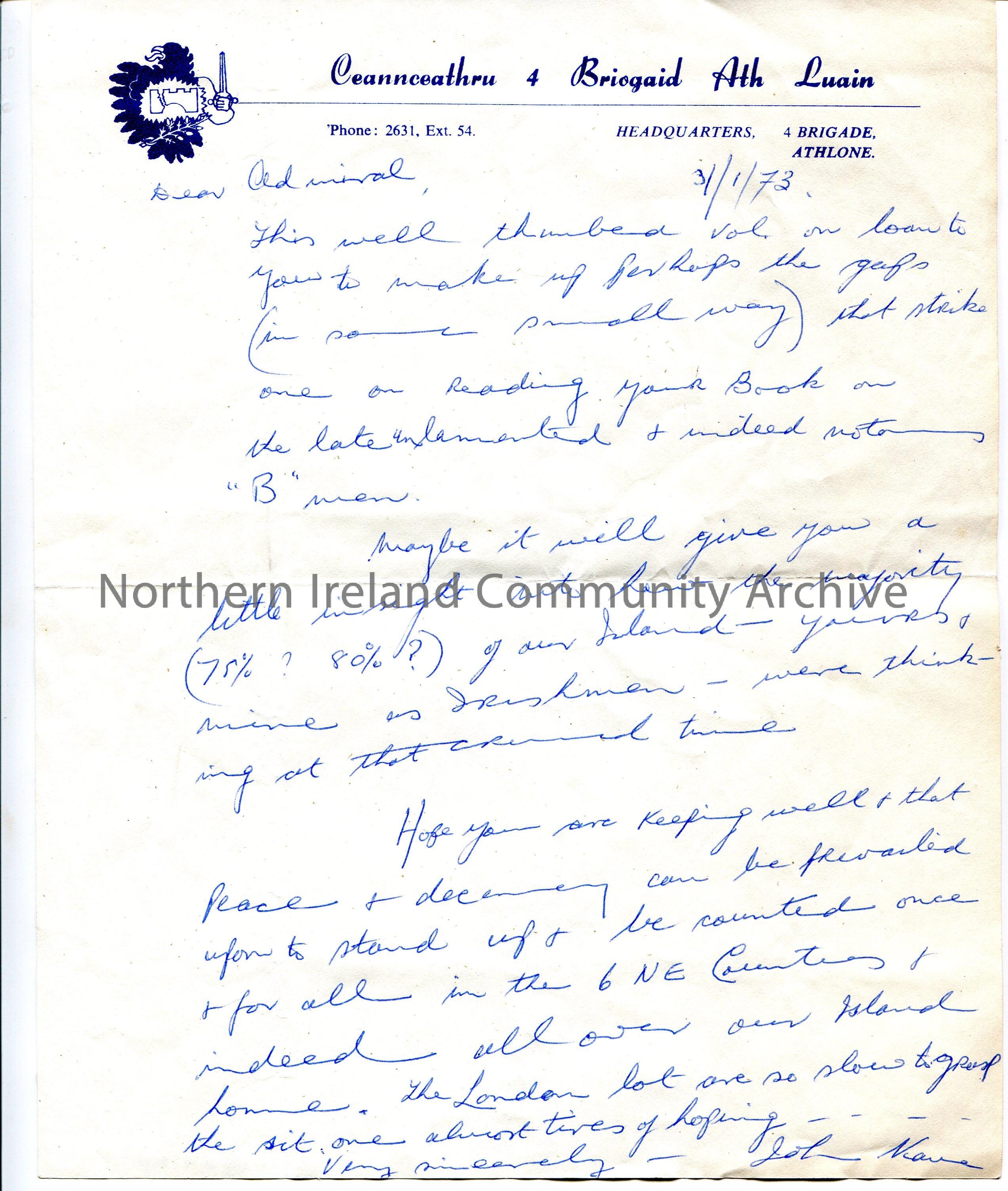 Handwritten letter on headed paper in blue Biro ink to ‘Dear Admiral’. They would like to loan the Admiral a book to give them an ‘insight’ to the tho…