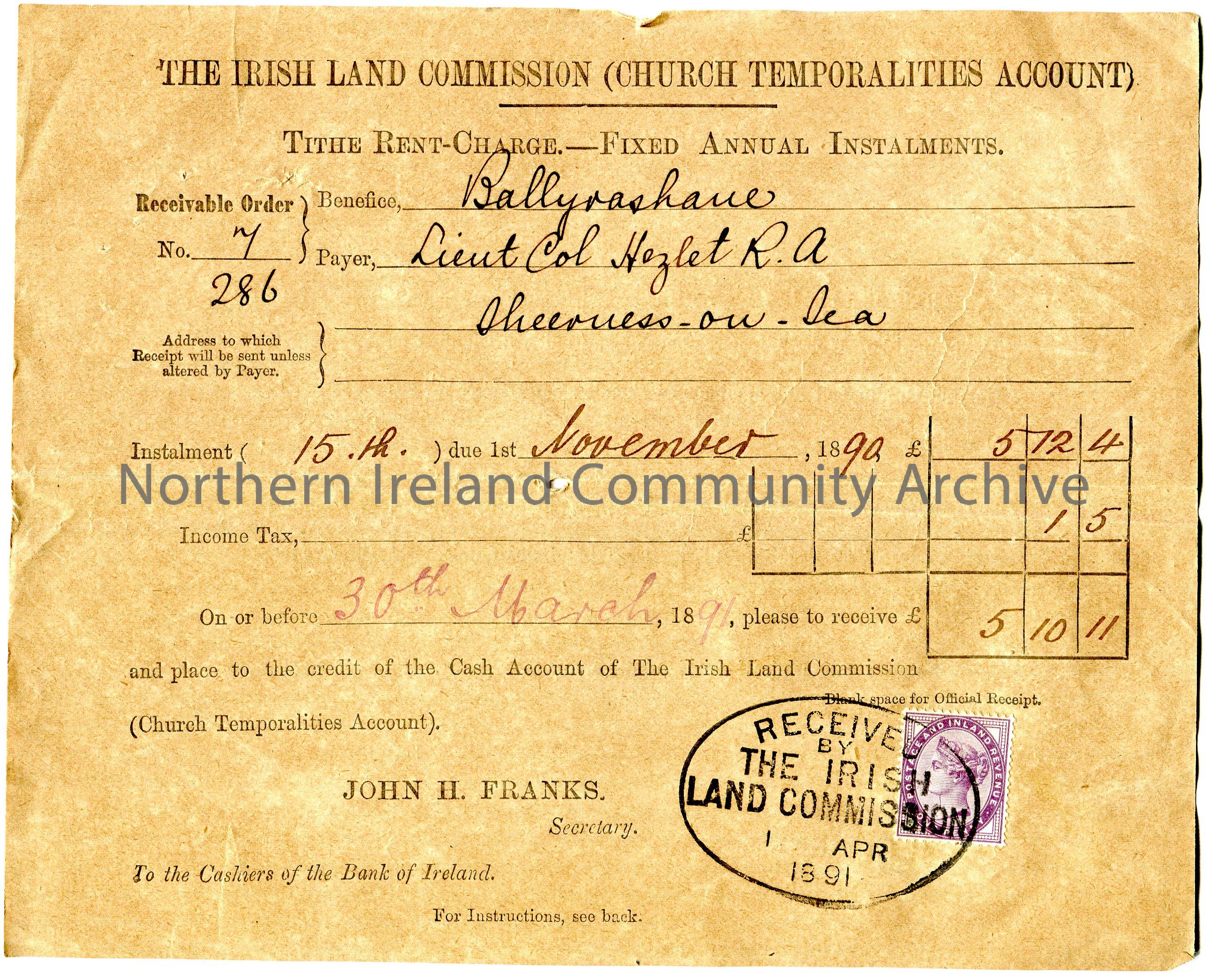 Handwritten Receivable Order, No. 7 286, for payment of £5.10.11 due 15th November 1890 to credit the Cash Account of The Irish Land Commission (…