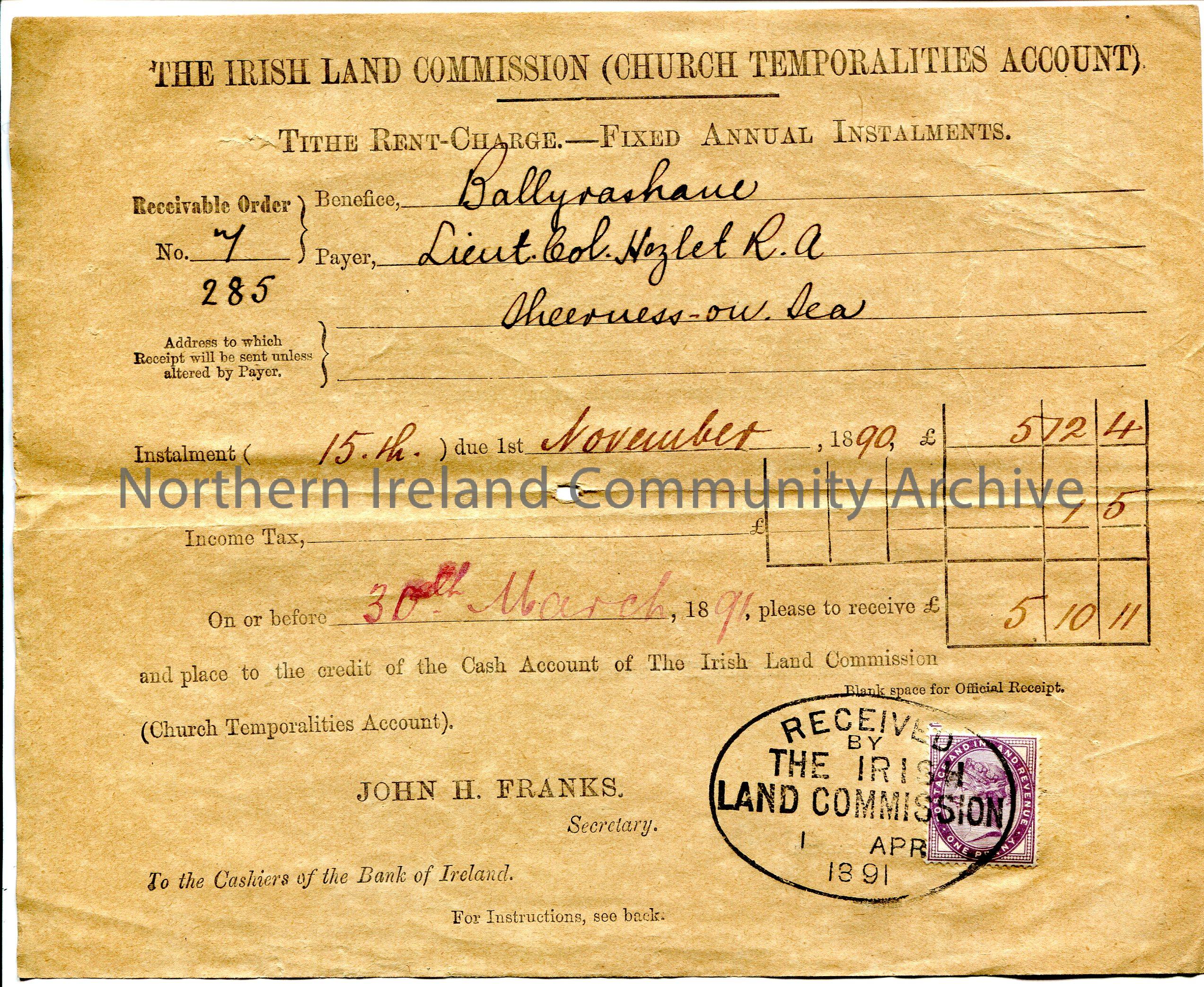 Handwritten Receivable Order, No. 7 285, for payment of £5.10.11 due 15th November 1890 to credit the Cash Account of The Irish Land Commission (…