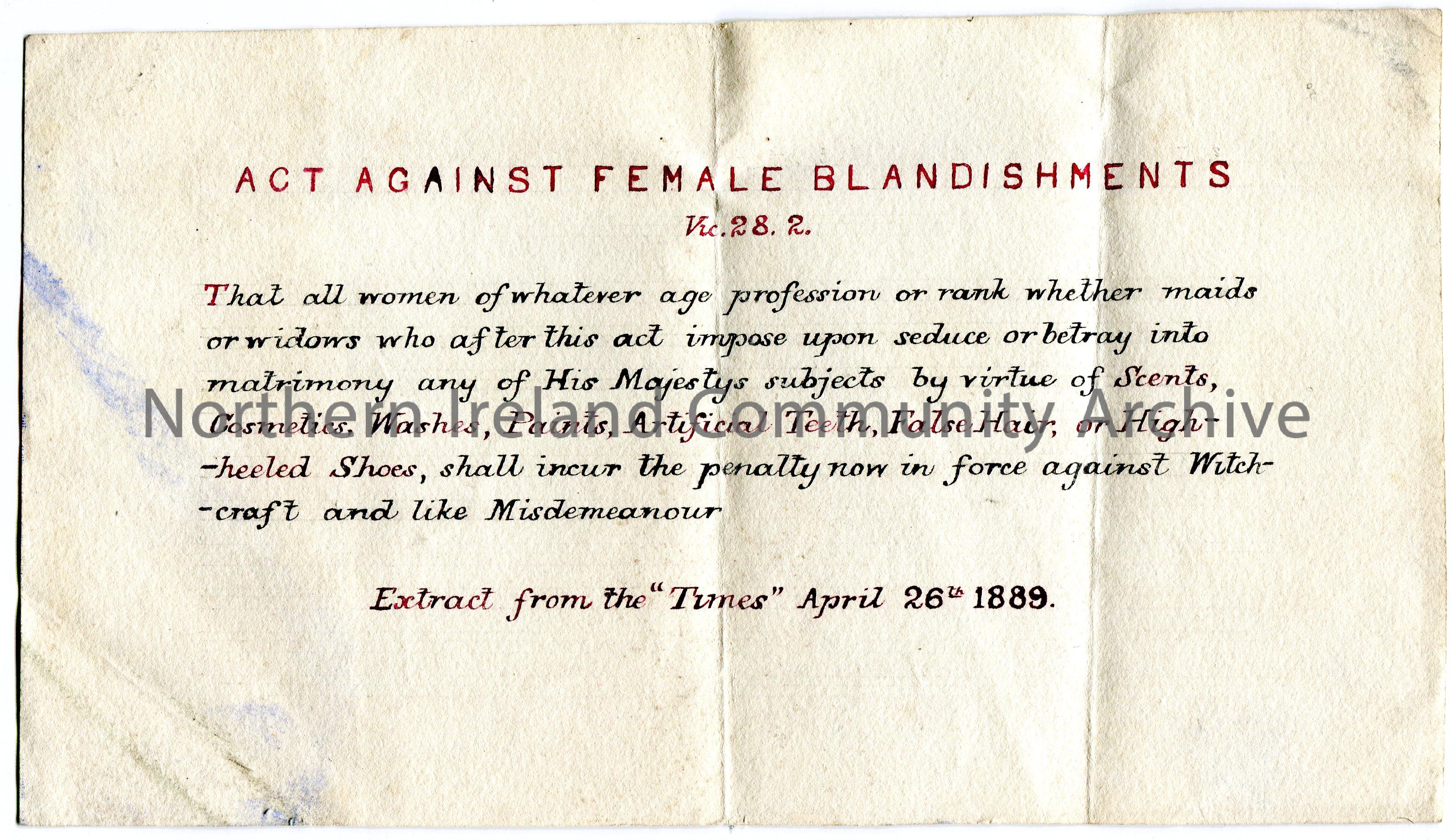 Handwritten extract from the ‘Times’ dated 26th April 1889. Titled, ‘Act Against Female Blandishments’. Prohibiting all women from marriage by seducti…