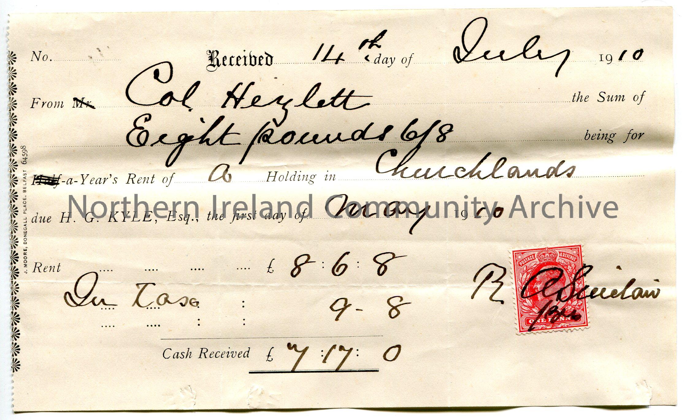 Handwritten receipt for payment from Col Hezlett [Hezlet] for the sum of £8.6.8 for one years rent of a holding in Churchlands due H G Kyle, Esq….