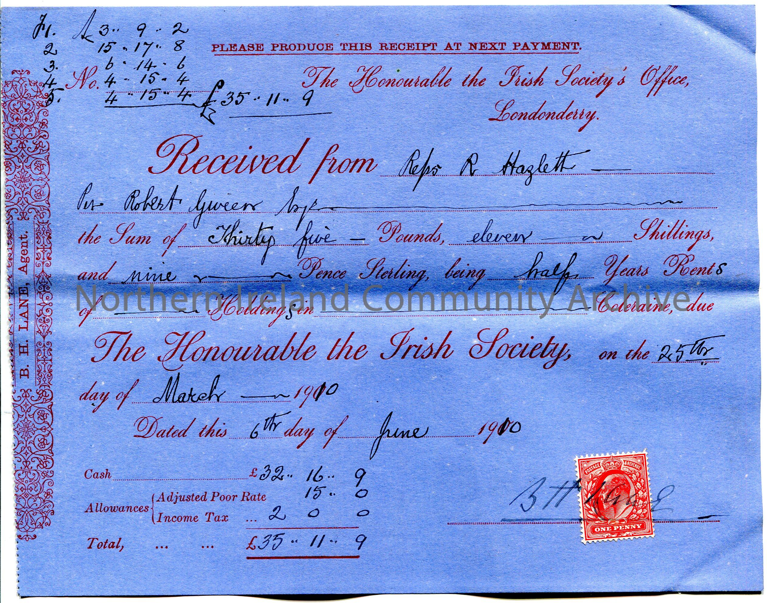 Handwritten receipt (blue paper) for payment from R Hazlett [Hezlet] per Robert Giveen to The Honourable the Irish Society for the sum of £35.11….