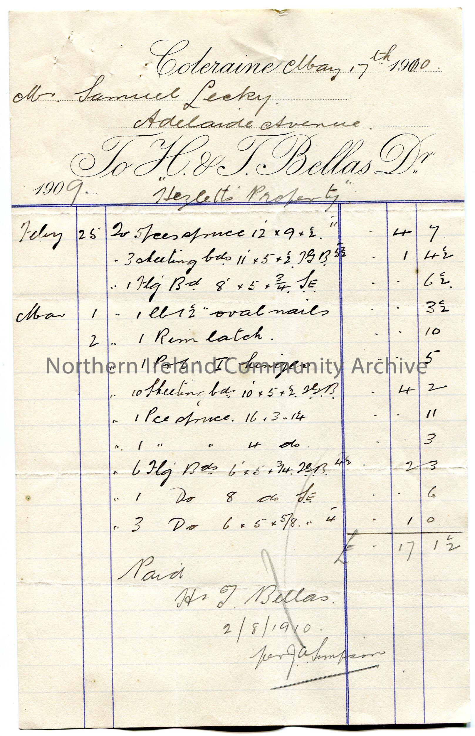 Handwritten receipt dated 17th May, 1910, for payment by Mr Samuel Lecky, Adelaide Avenue, to H & T Bellas, Coleraine, for sum of £0.17.1 1/2 for…