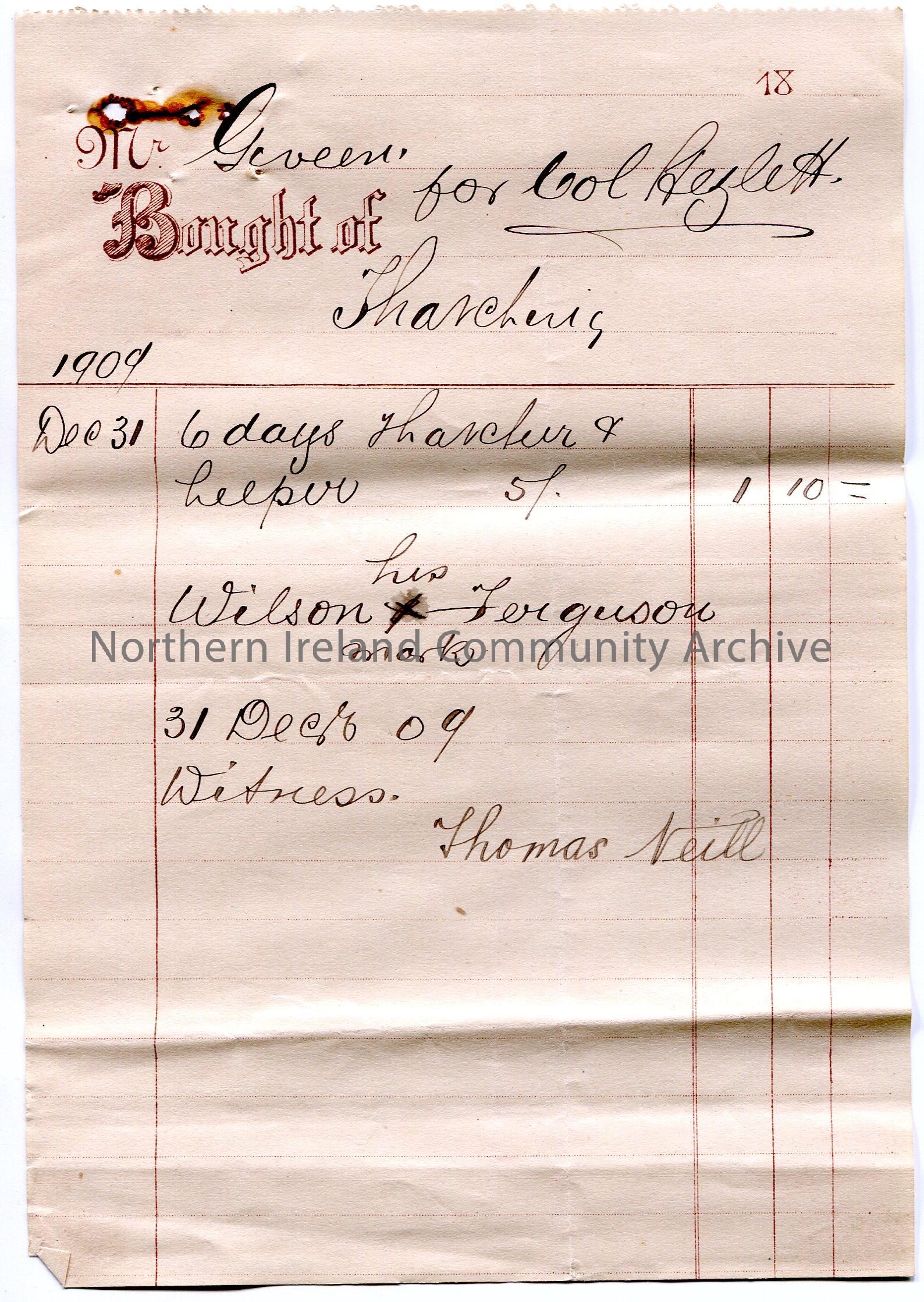 Handwritten receipt for payment of £1.10.0 from Mr [Robert] Giveen on behalf of Col Hezlett [Hezlet]. Payment to Wilson Ferguson for thatching wh…