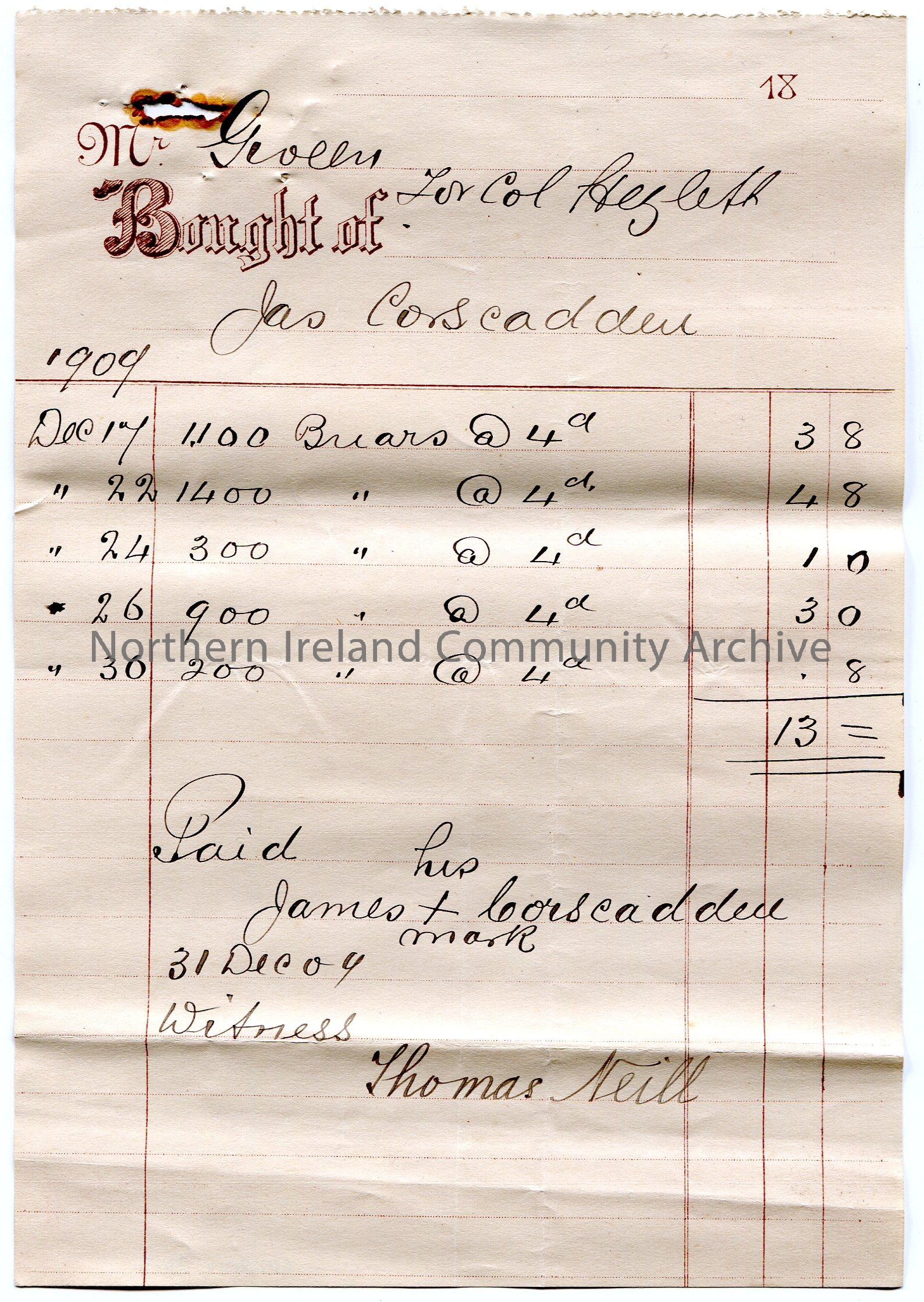 Handwritten receipt for payment of £0.13.0 from Mr [Robert] Giveen on behalf of Col Hezlett [Hezlet]. Payment to James Corscadden for the purchas…
