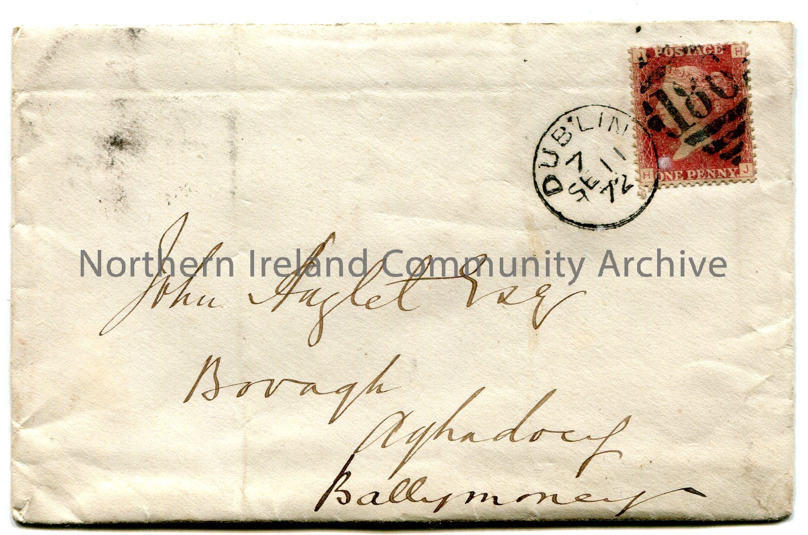 Handwritten addressed envelope to John Hezlet Esq., Bovagh, Aghadowey, Ballymoney. Date stamp of Dublin 11th September, 1872 on front. Red one penny Q…