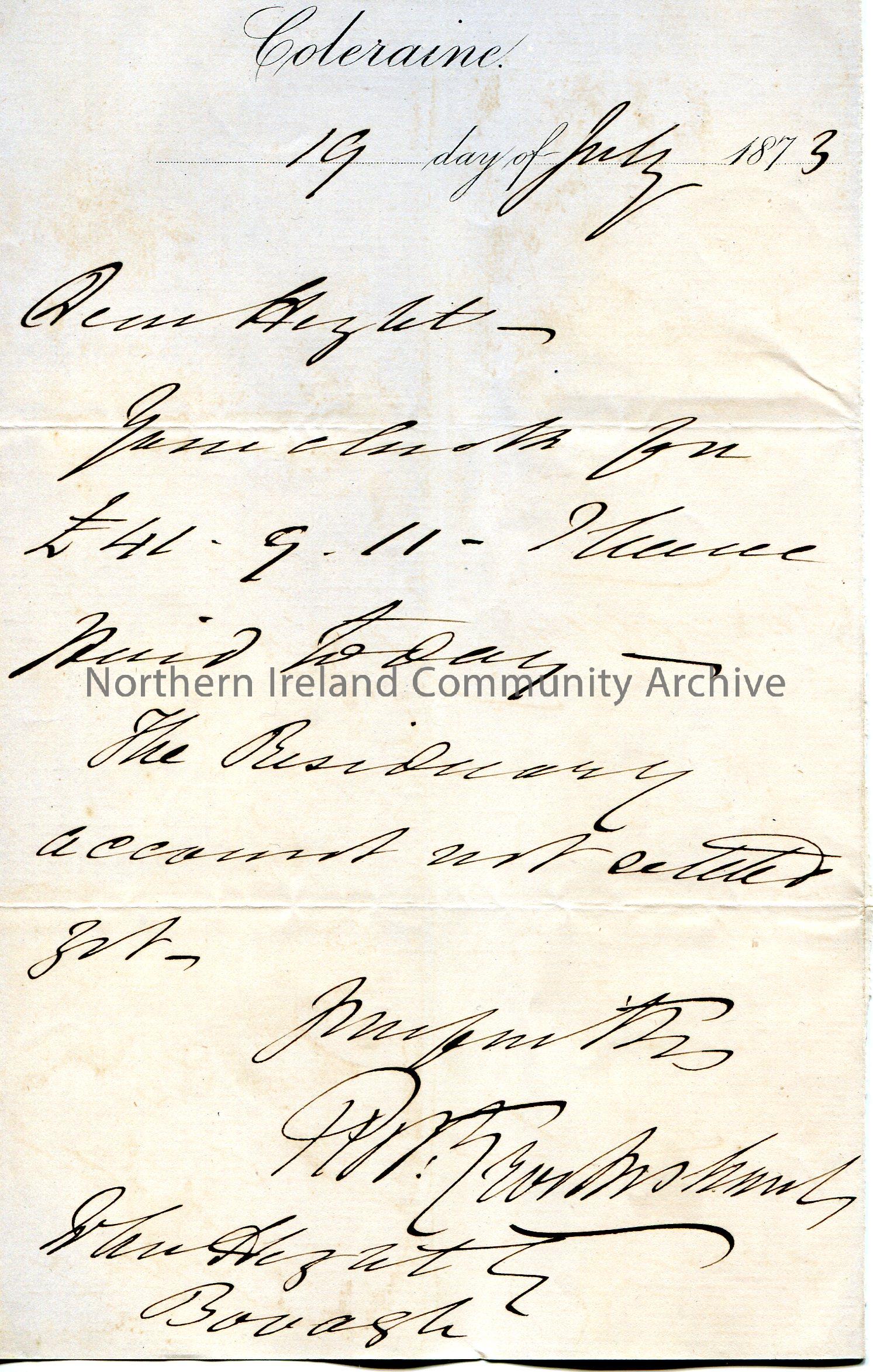 Handwritten letter to John Hezlet, Bovagh. Writing re settlement of accounts. Mentions a sum of £41.9.11.