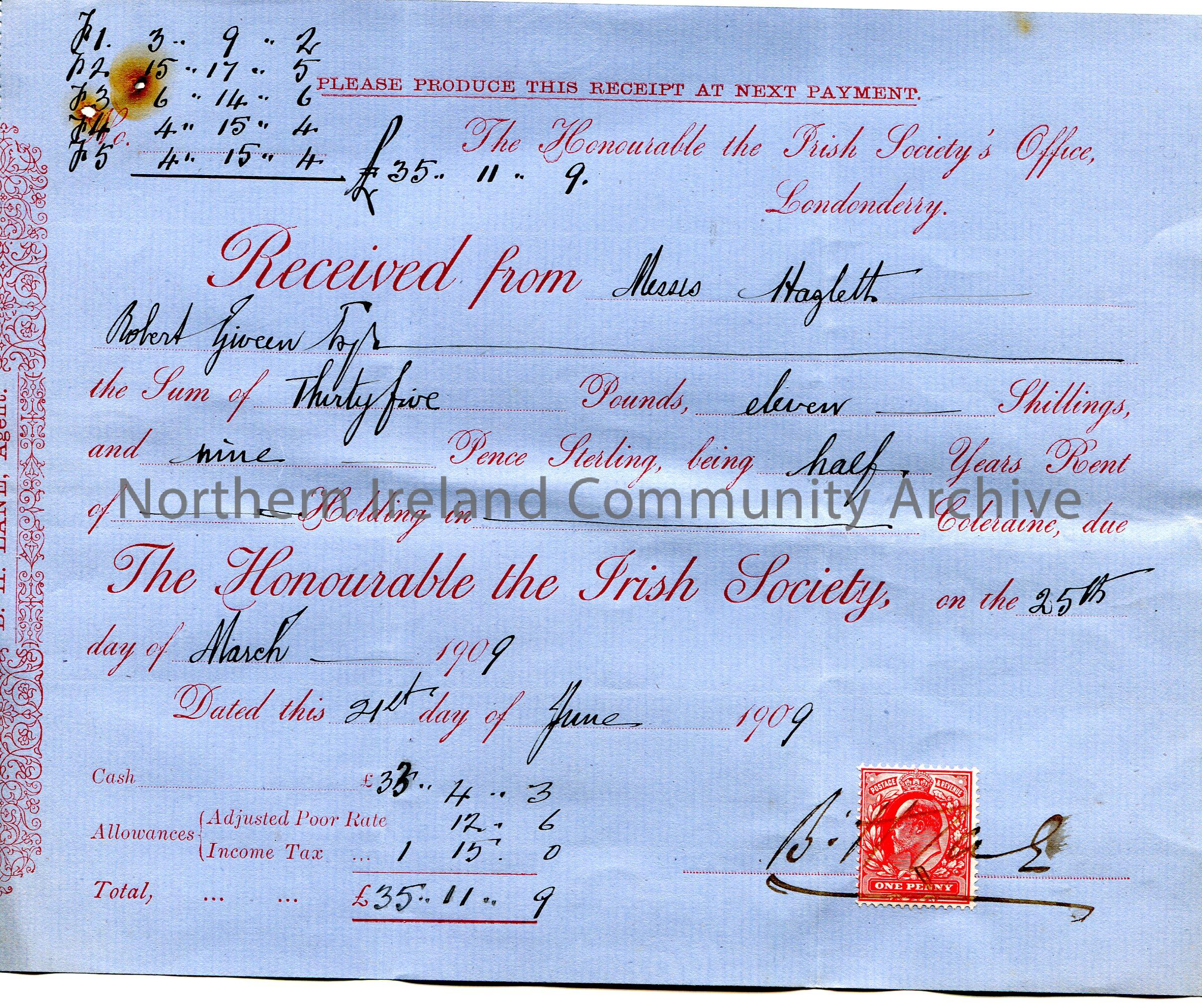 Handwritten receipt (on blue paper). Payment of £35.11.9 to The Honourable The Irish Society from Messrs Hazlett [Hezlet] per Robert Giveen on 25…