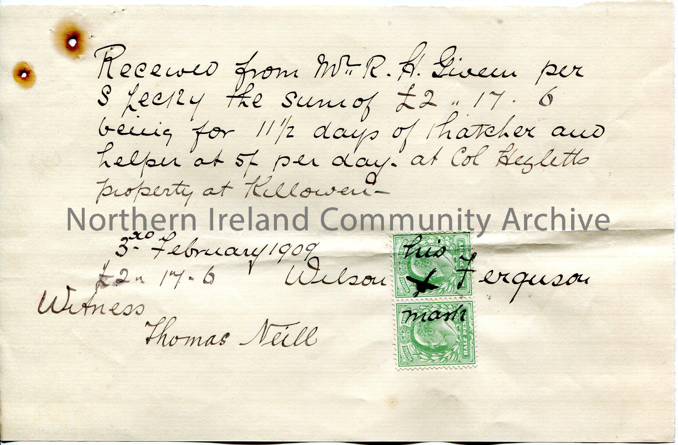 Handwritten receipt for 11 1/2 days thatching plus help at Col Hezlett’s [Hezlet] property at Killowen. Payment received from Mr R H Giveen for S [Sam…