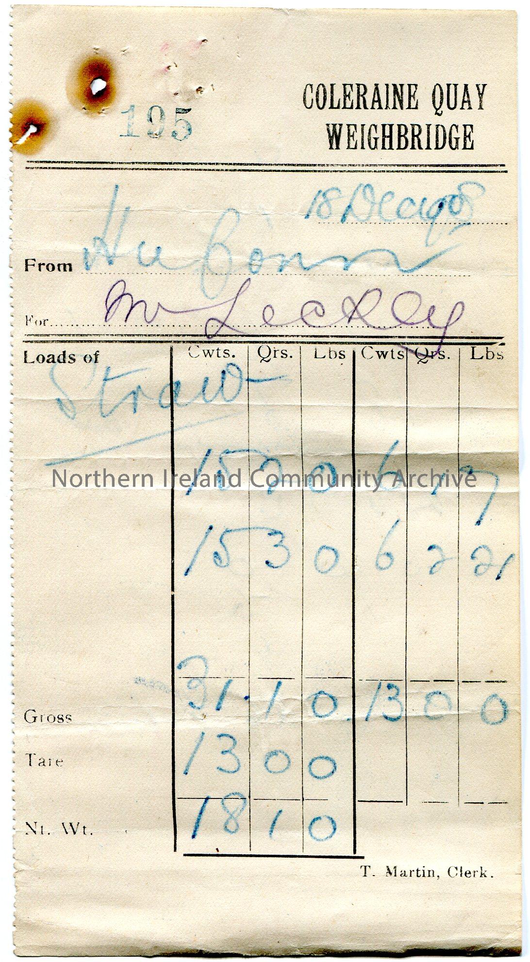 Handwritten receipt for straw at Coleraine Quay, Weighbridge. From Hu [Hugh] Conn for Mr [Samuel] Lecky. Dated 18th December, 1909. Receipt number 195…