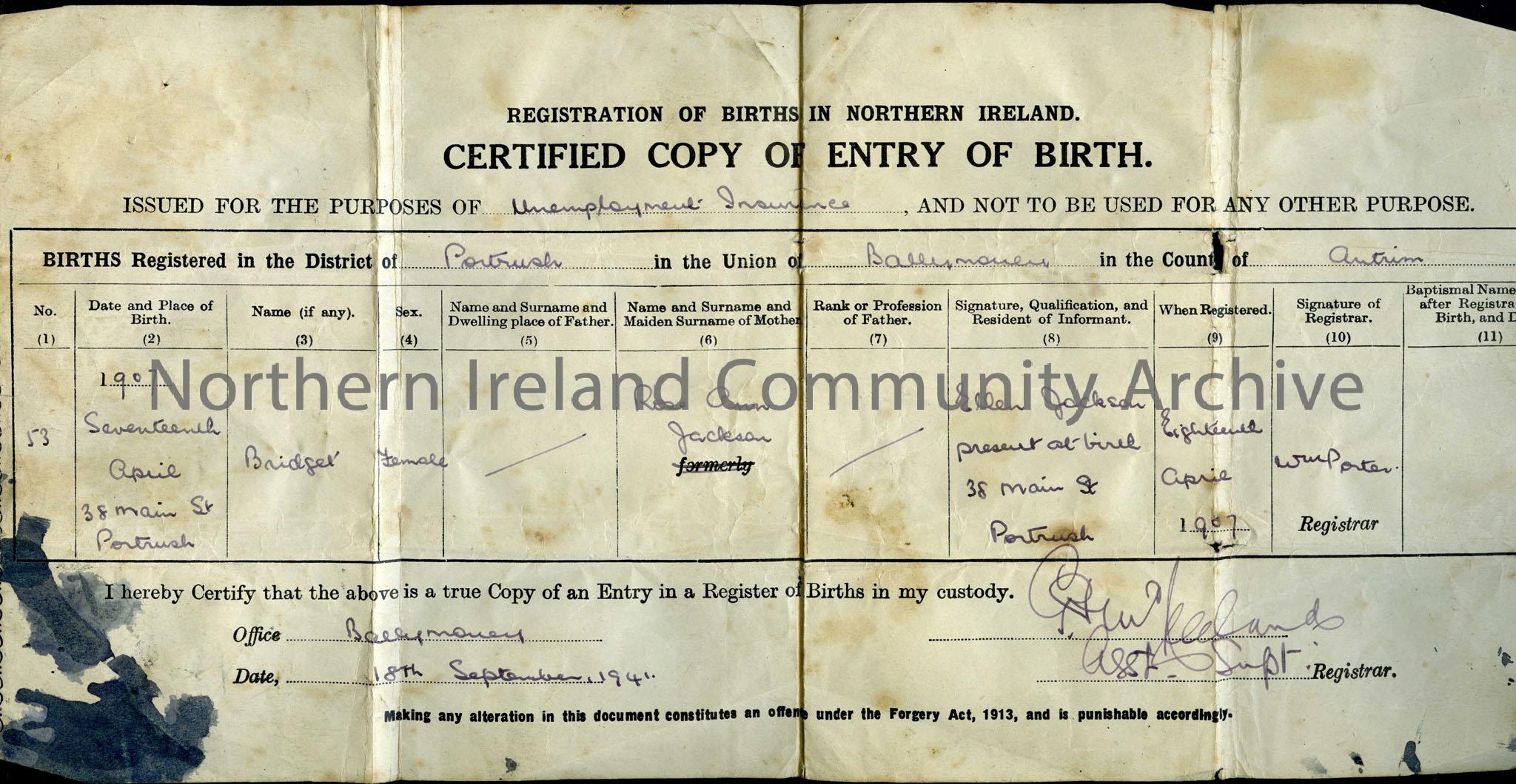 1941 copy of birth certificate for Bridget Jackson Copy issued for